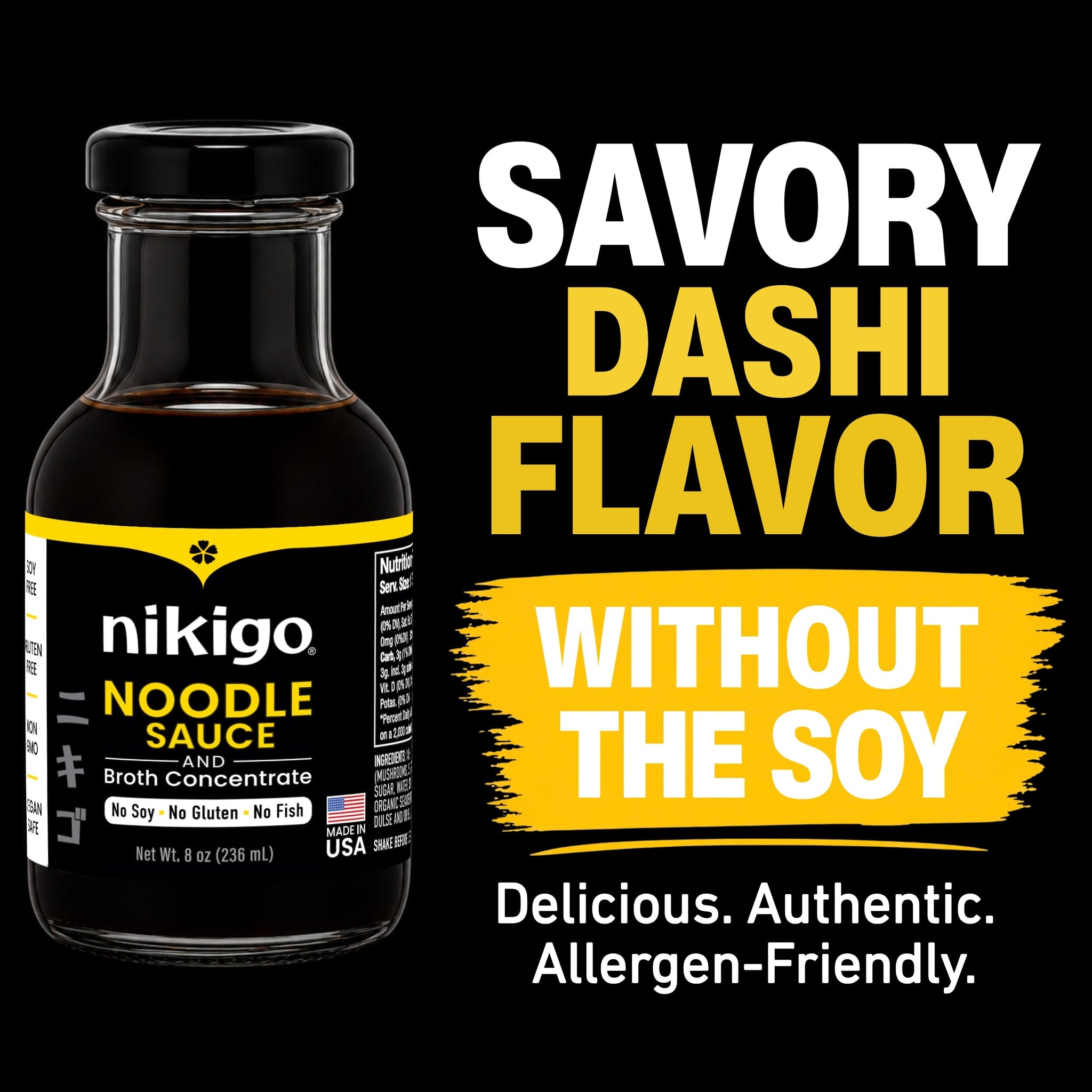 NIKIGO Noodle Sauce & Broth Concentrate, Soy Free & Allergen Friendly, Gluten & Fish Free, Mentsuyu-Style Umami Seasoning, Japanese-Inspired Asian