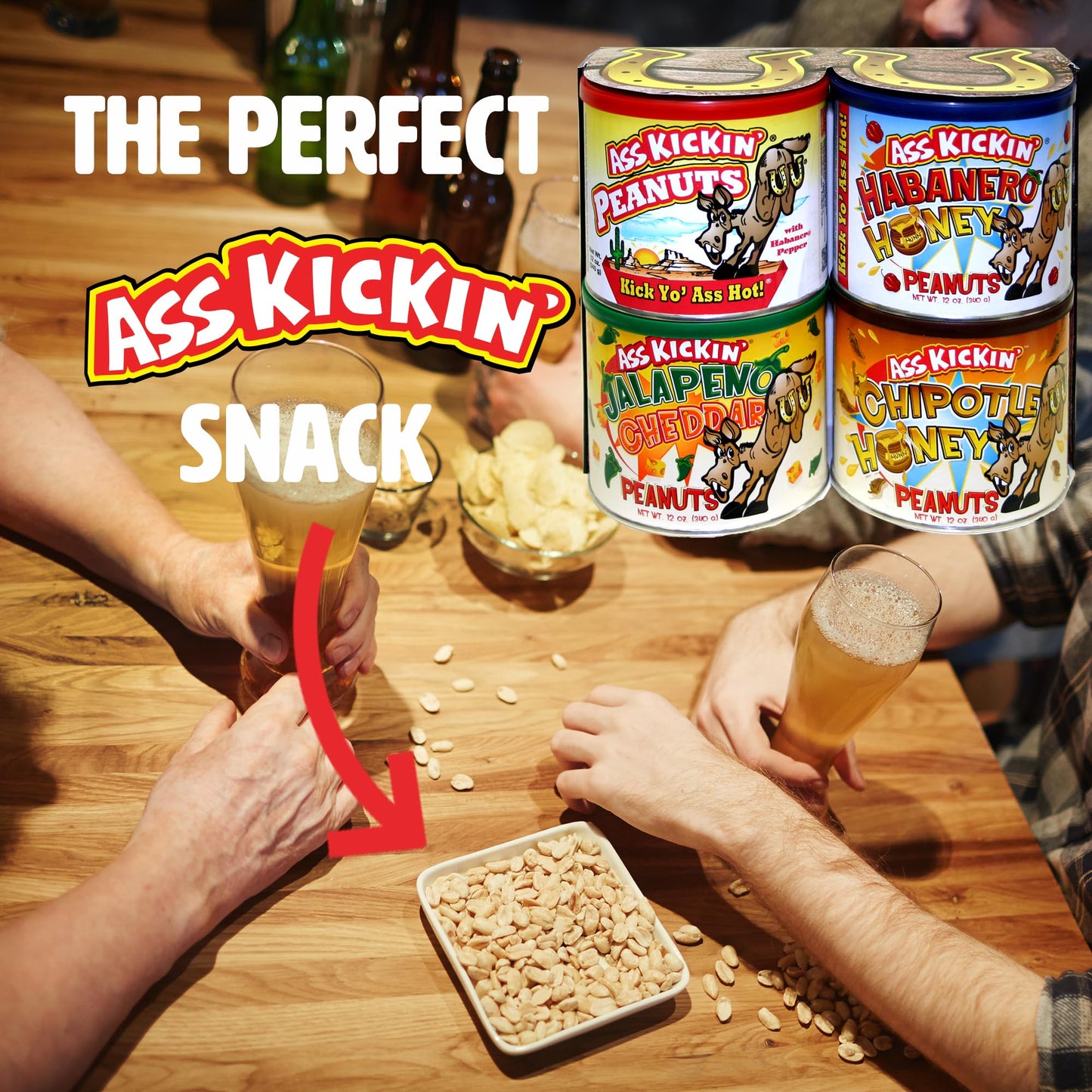 ASS KICKIN' Crunchy Spicy Hot Peanuts: Pepper Peanuts, Jalapeno Peanuts, Habanero Honey Peanuts, and Jalapeno Peanuts, Gift Set.
