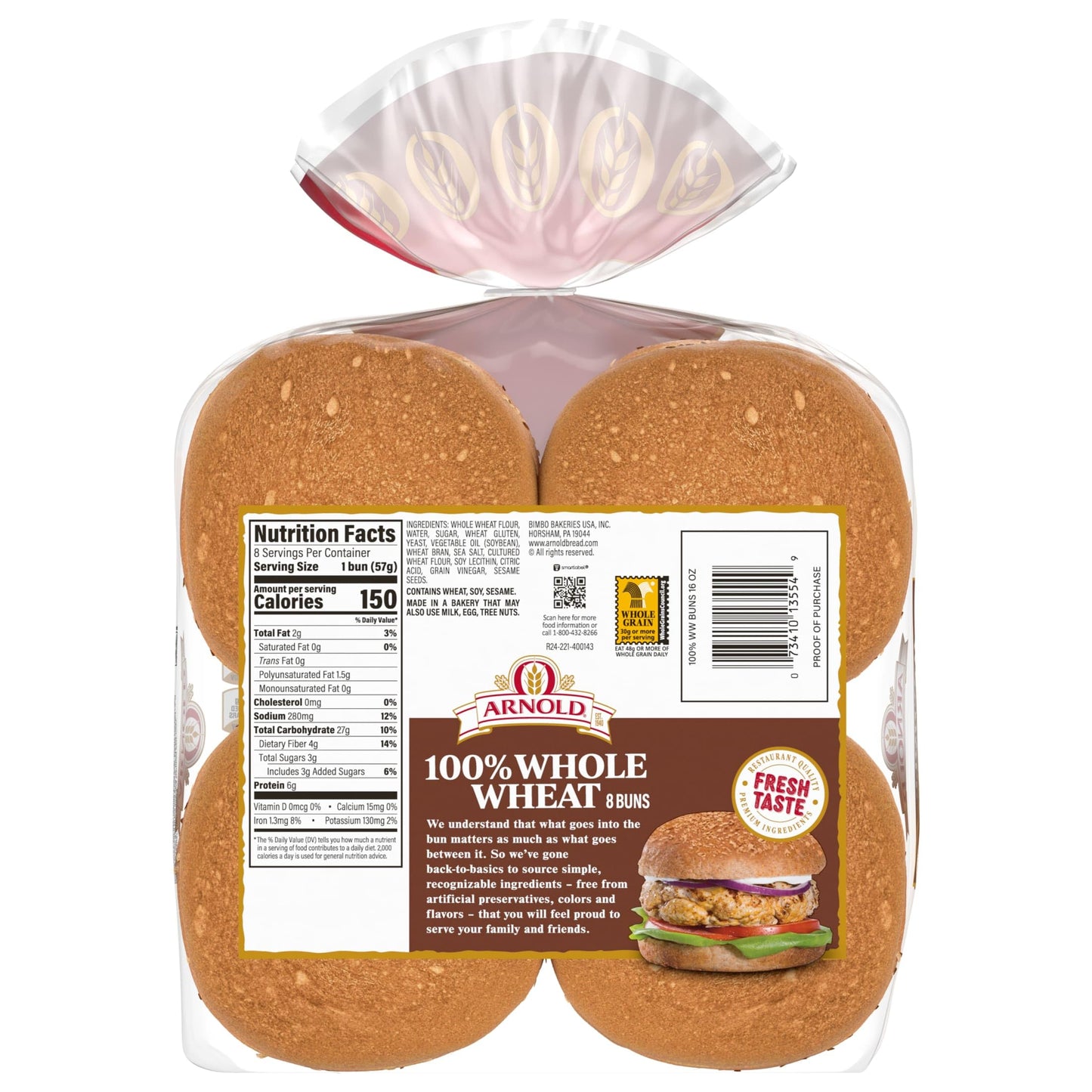 Arnold Whole Wheat Buns, 8 count, (2.0 oz each), Hamburger Buns, 16 oz Bag