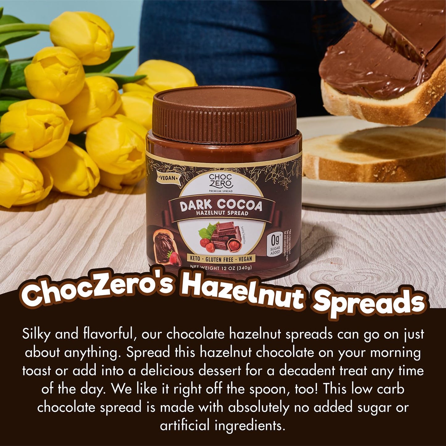 ChocZero Vegan Cocoa Hazelnut Spread - Sugar Free, Keto Friendly, Low Carb Chocolate Dessert & Bread Topping, Gluten Free, High Fiber, 12 oz Jar