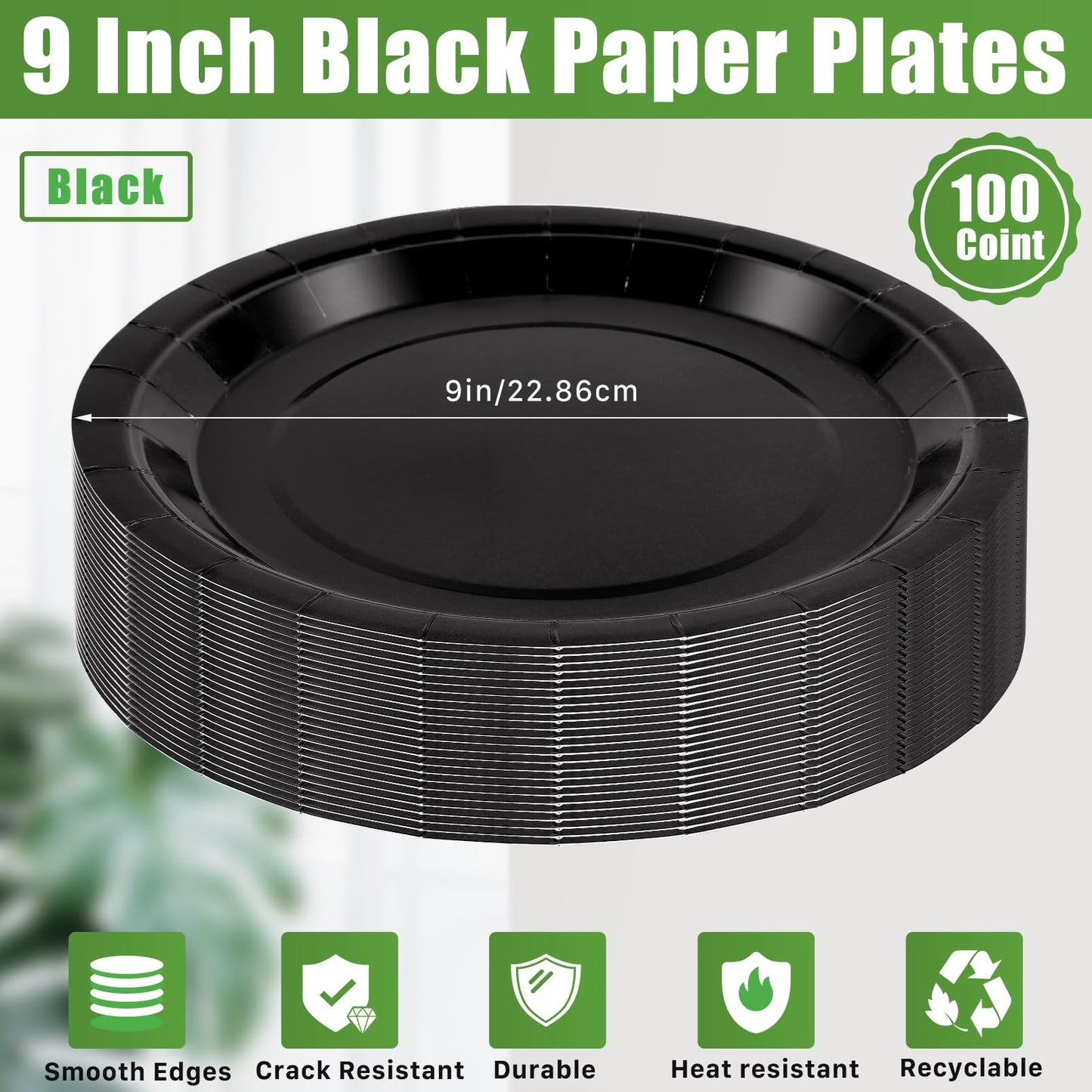 CACASO 100 PCS Black Paper Plates, 9 Inches, Contemporary Style, Round, Disposable, Heavy-Duty, Ideal for Parties, Weddings, and Holidays
