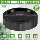 CACASO 100 PCS Black Paper Plates, 9 Inches, Contemporary Style, Round, Disposable, Heavy-Duty, Ideal for Parties, Weddings, and Holidays