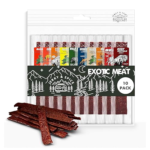 Jerky-n-Spice Exotic Jerky Variety Pack (10 Count) | Beef Jerky Gifts for Men | Assorted High Protein Meat Snacks | Premium Gourmet Wild Game Sampler