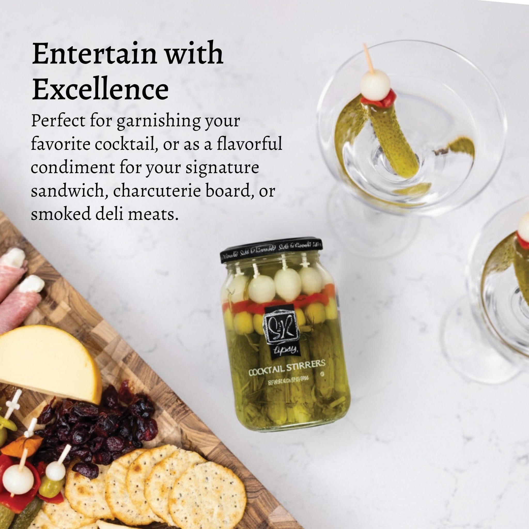 Sable & Rosenfeld Tipsy Garlic & Dill Cocktail Stirrers 16 oz Jar (Pack of 1), Hand-Packed Martini Pickles and Olive Skewers, Kosher, Gluten-Free