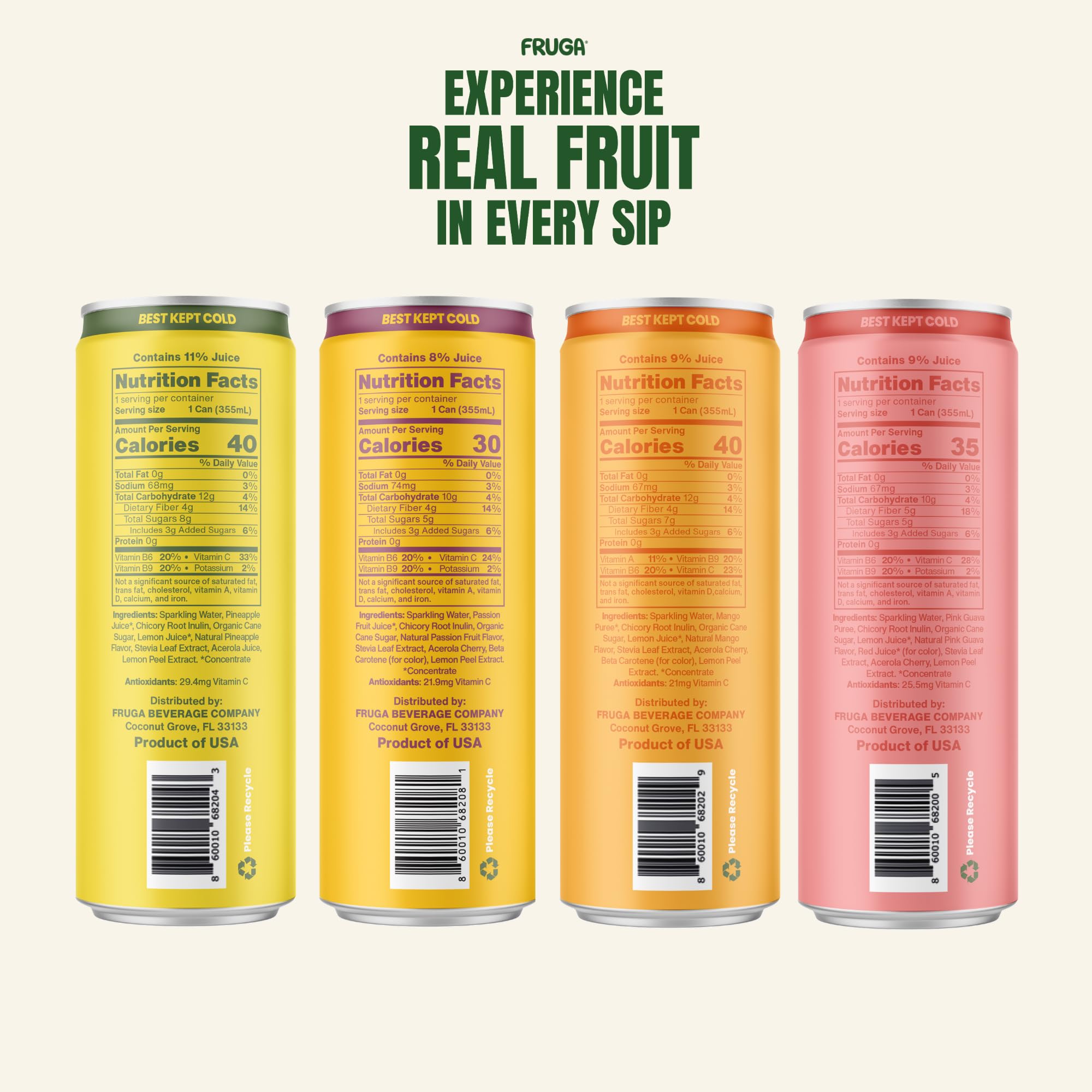 FRUGA Four Real Mix Sparkling Fruit Super Soda with Gut Health Benefits, Low Calorie, Low Sugar, Healthy Soda Variety Pack, 12oz Can (Pack of 12)