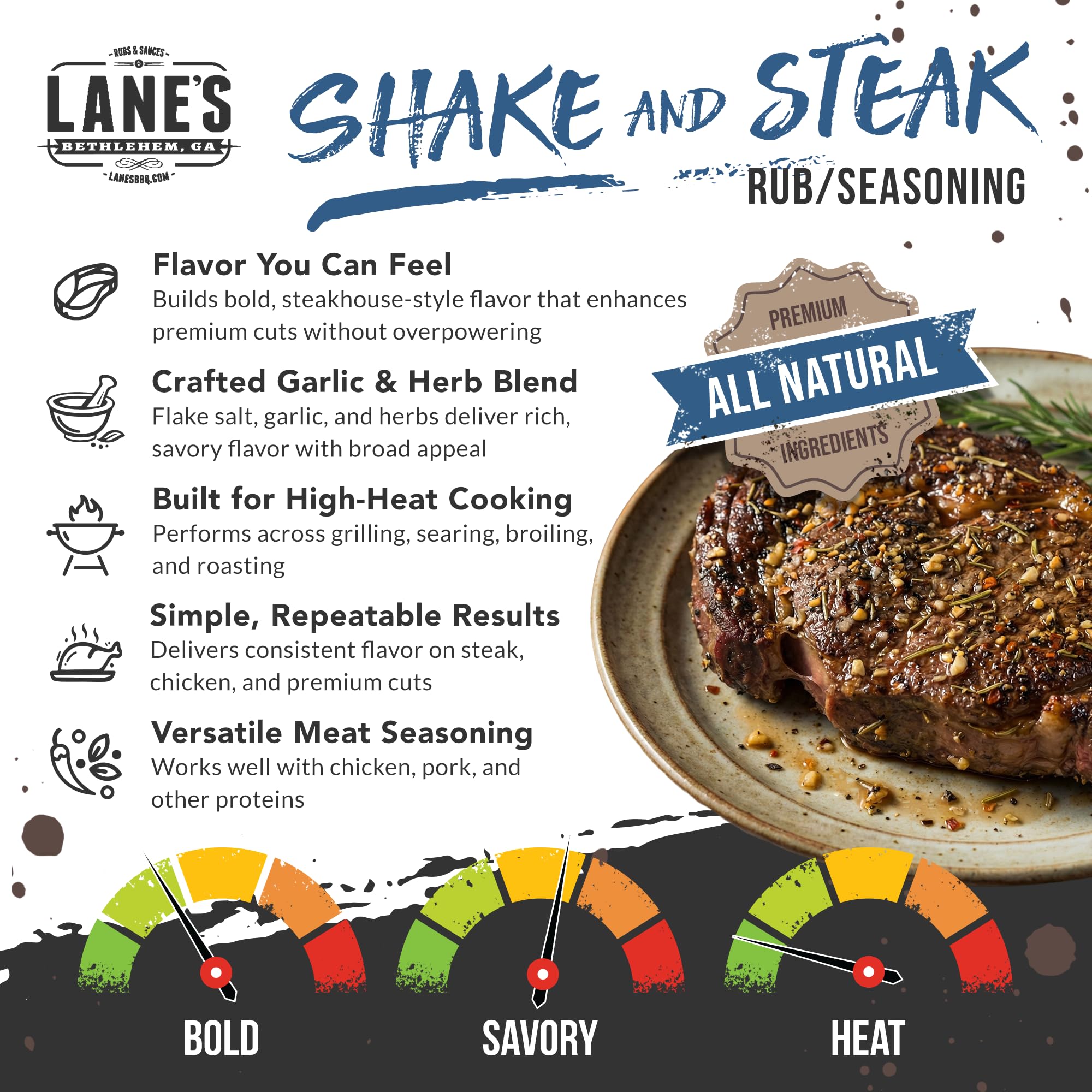 Lane's BBQ Shake and Steak Rub, 8 oz, All Natural Steak Seasoning for Grilling, Meat Seasoning for Ribeye, Chicken, Pork, Burgers, Prime Rib Rub