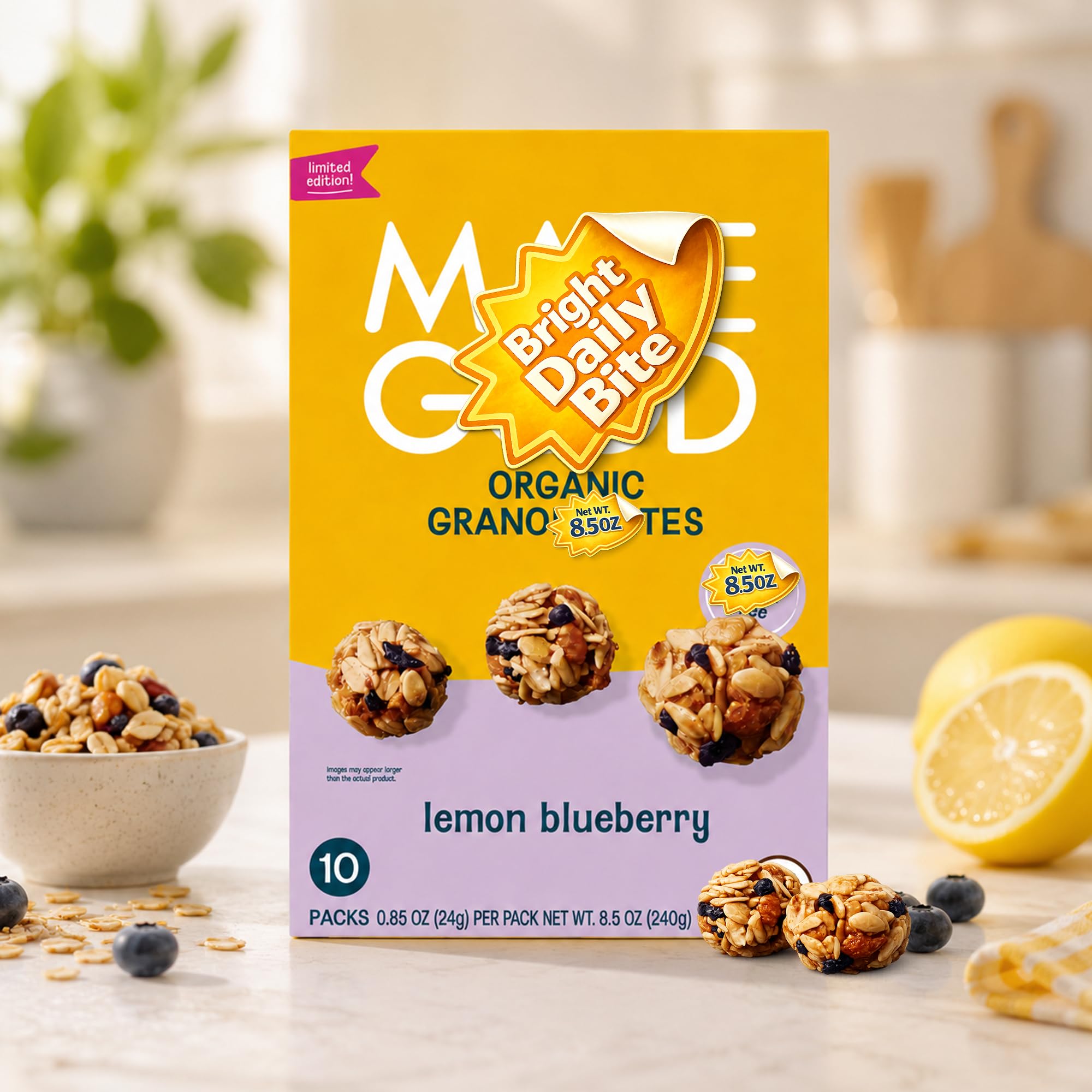 SHOPSHIPNOW Lemon Blueberry Granola Bites, Organic Oat Snack Packs, Individually Wrapped Bite Size, 10 Count, 8.5 oz