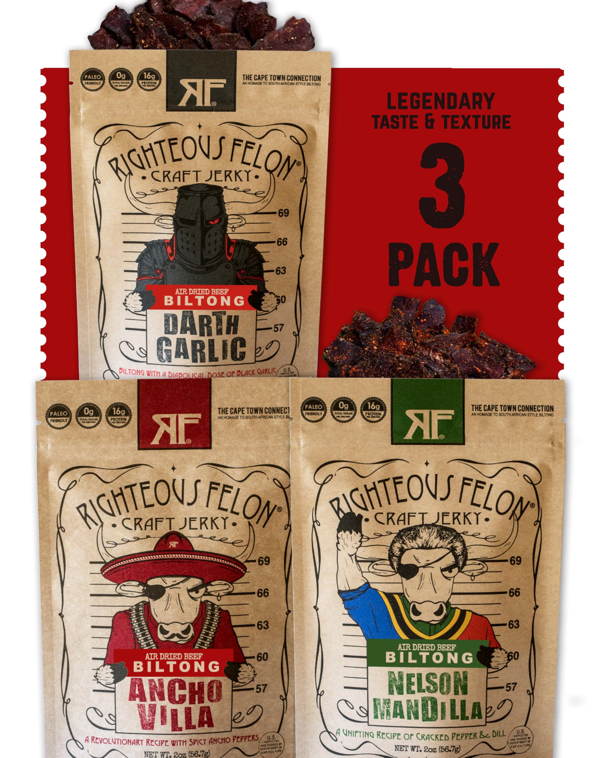 Righteous Felon Biltong Beef Jerky Variety Pack | South African Biltong Snack Packs for Adults | High Protein, Keto-Friendly, Low Sugar | Made