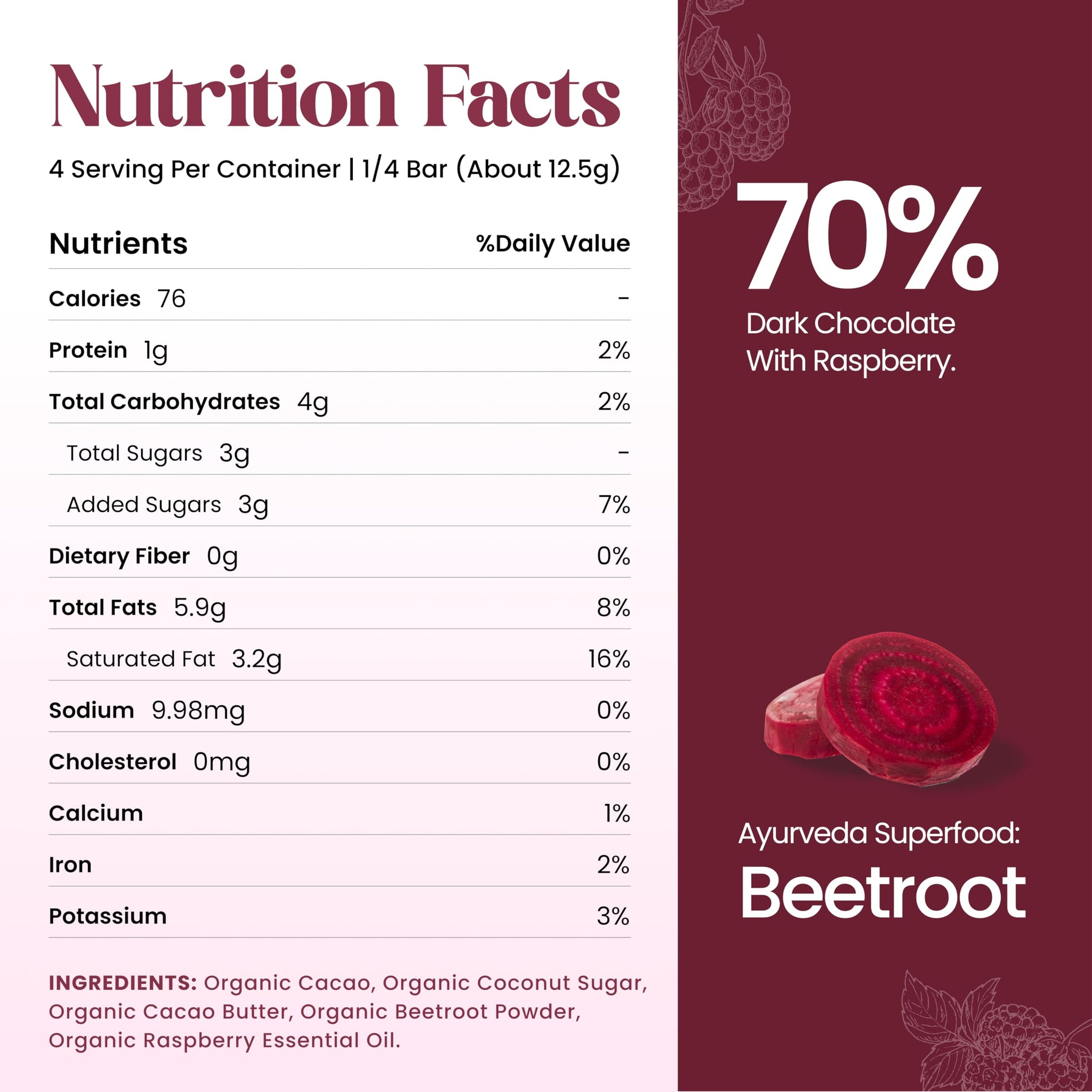 Elements Truffles Raspberry Flavoured Dark Chocolate Bar| Ayurvedic, Vegan & Gluten Free | No Refined Sugar & Artificial Flavours | Enriched