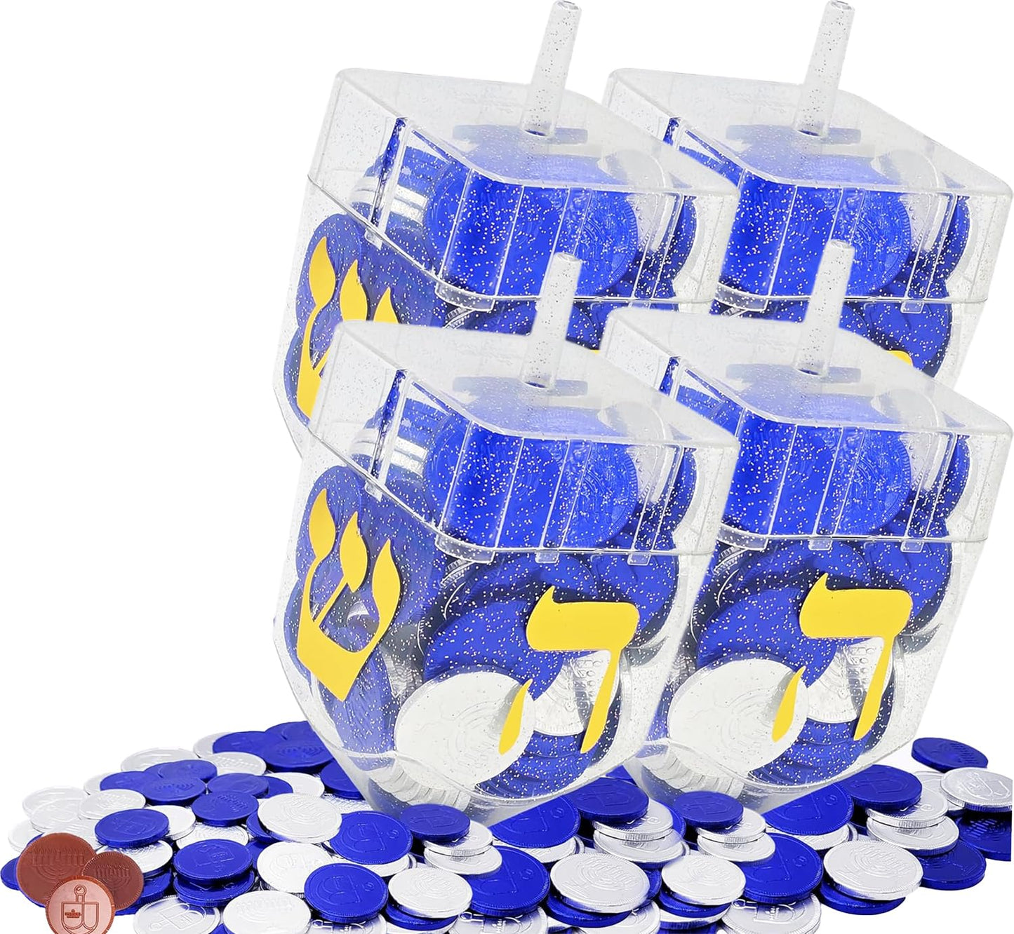 Jumbo Hanukkah Dreidel Filled with Chocolate Gelt Coins, Blue & Silver Gelt, Nut-Free Belgian Chocolate Half Dollar Coins, Chanukah Gelt, Kosher