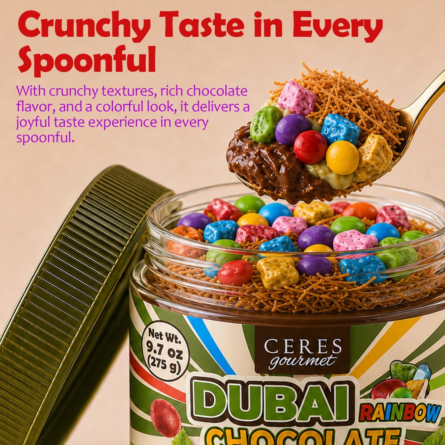 Ceres Gourmet Dubai Chocolate Spread with Candy Coated Chocolate Rocks and Pebbles - Premium Crunchy Snacks with Crispy Kataifi and Smooth Pistachio