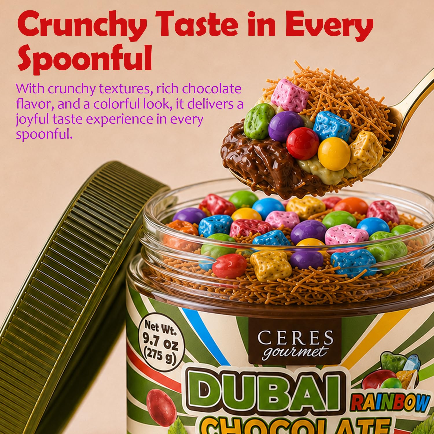 Ceres Gourmet Dubai Chocolate Spread with Candy Coated Chocolate Rocks and Pebbles - Premium Crunchy Snacks with Crispy Kataifi and Smooth Pistachio