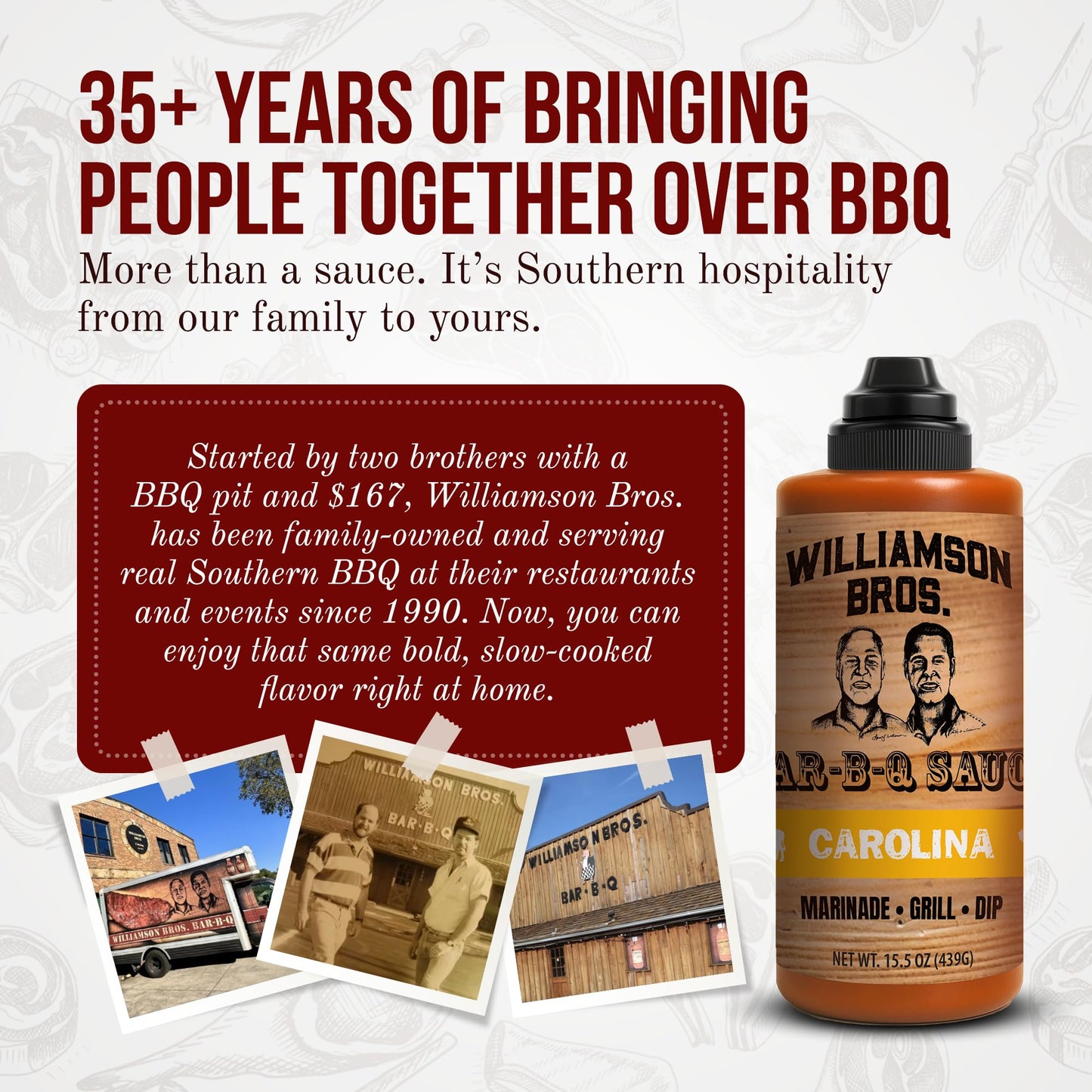 Williamson Bros - Classic Carolina BBQ Sauce | Mustard Barbeque Fusion, Gluten-Free, No High Fructose Corn Syrup, 15.5 oz