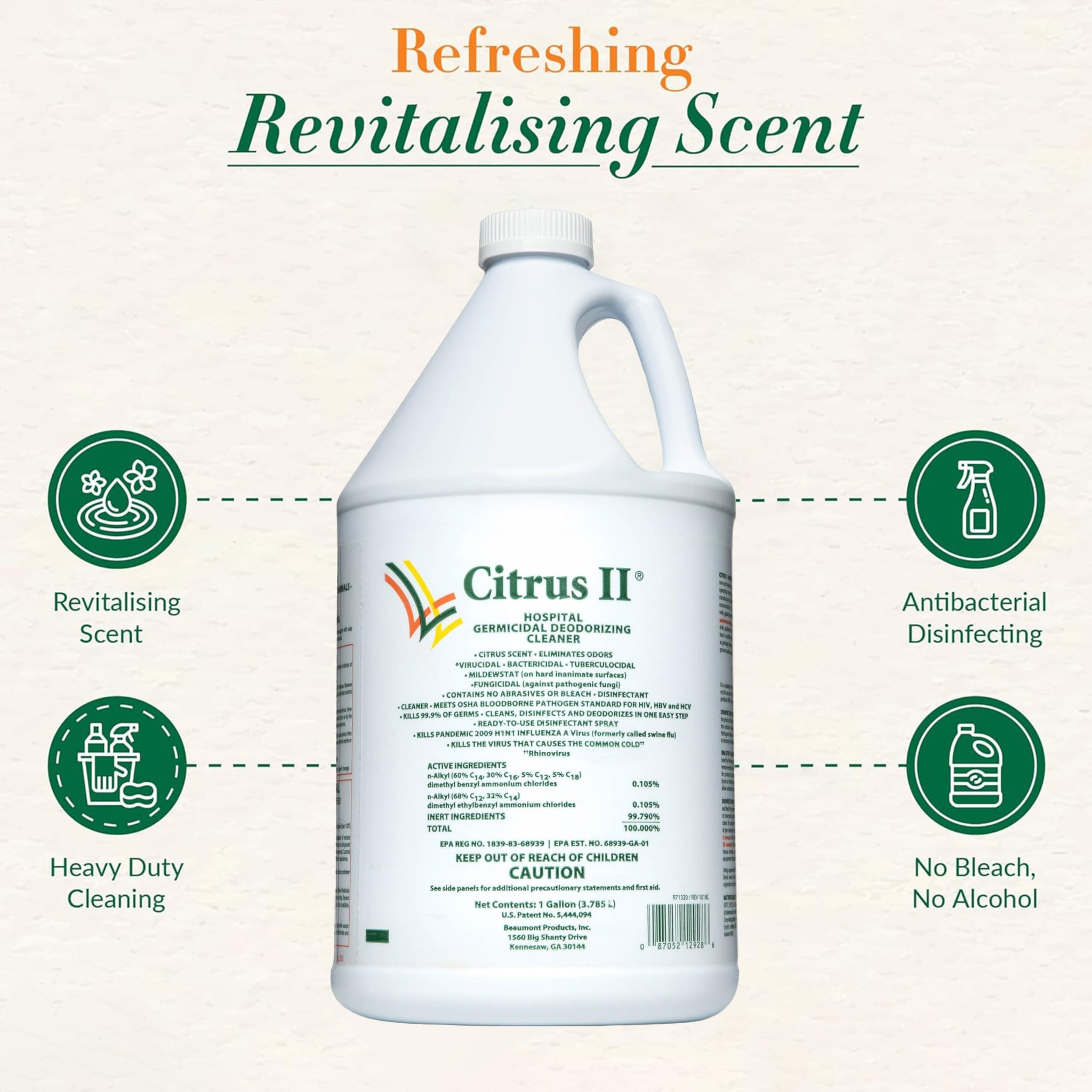 Citrus II Hospital Germicidal Deodorizing Cleaner - Fresh Citrus Scent - 1 Gallon - Refill - Disinfecting Cleaner for Home, Hospital and Office Areas