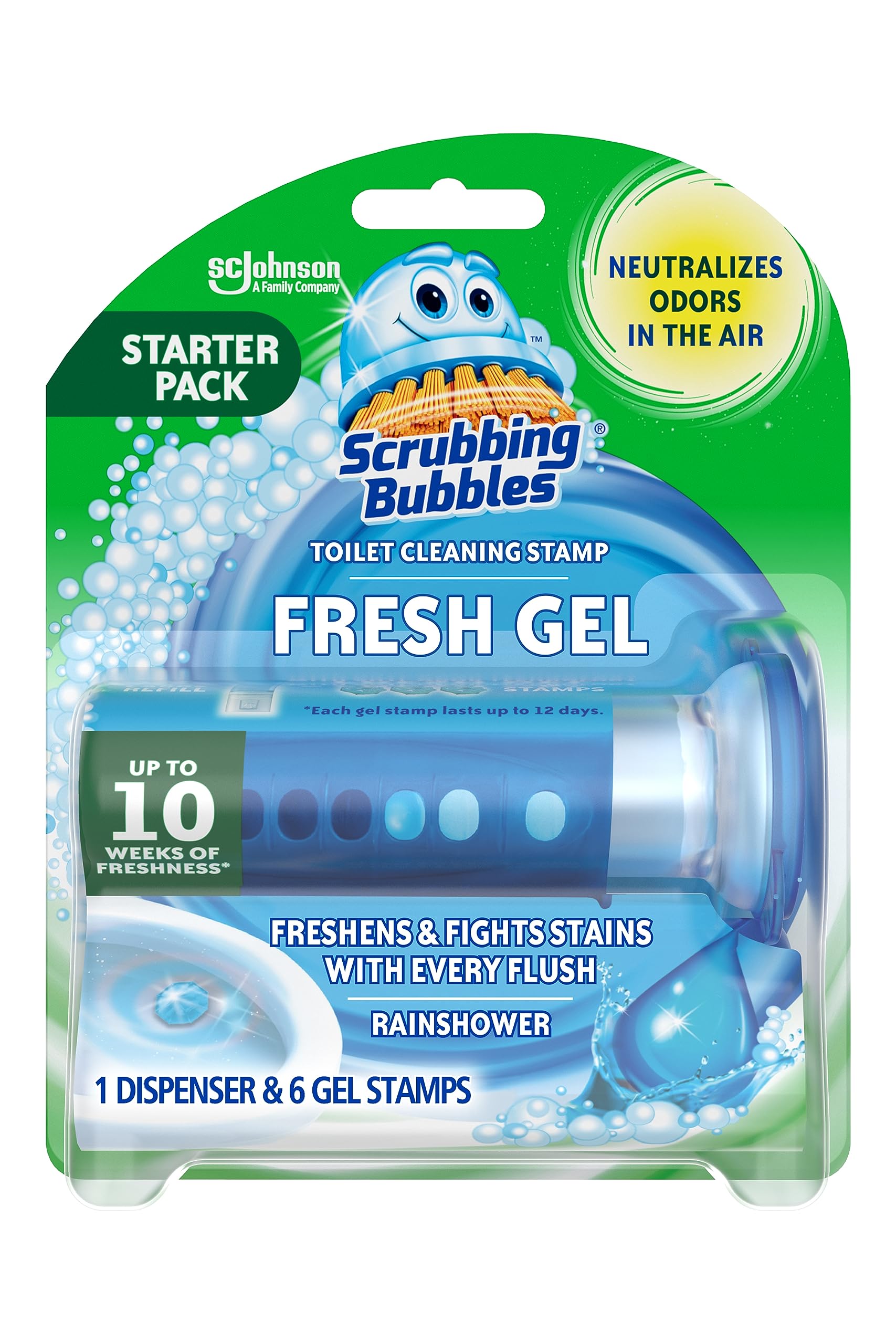 Scrubbing Bubbles Fresh Gel Toilet Bowl Cleaning Stamps, Helps Keep Toilet Clean and Helps Prevent Limescale & Rings, Rainshower Scent, 1 Dispenser