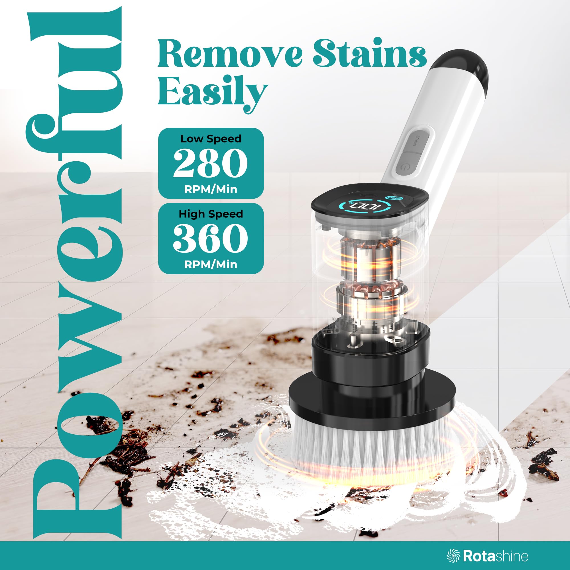 Rotashine Electric Spin Scrubber - Electric Scrubber for Cleaning with 7 Replaceable Heads - Full-Body Waterproof Tub Scrubber with Long Handle