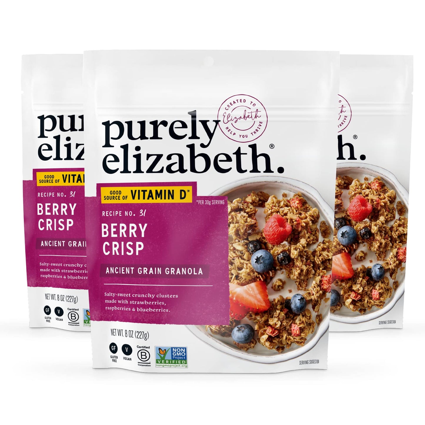 Purely Elizabeth Berry Crisp Granola wit Vitamin D, Made with Organic Oats and Ancient Grains, Gluten-Free, Non-GMO (3 Ct, 8oz Bags)