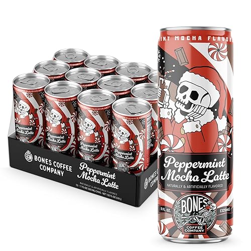 Bones Coffee Company Peppermint Mocha Latte Flavored Coffee, Medium Roast Ready To Drink Iced Coffee in Can, 11 Fl Oz Can (12 Pack)
