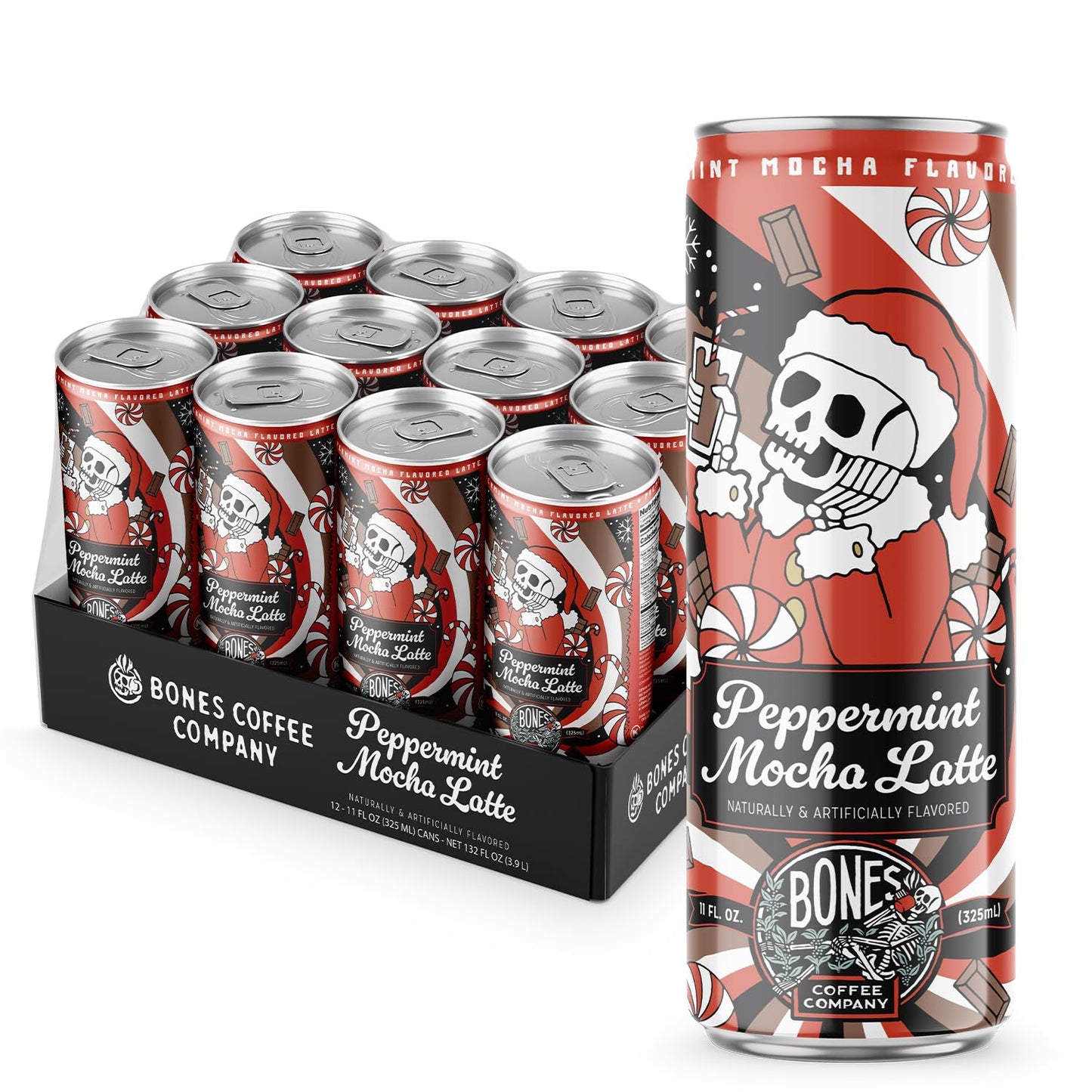 Bones Coffee Company Peppermint Mocha Latte Flavored Coffee, Medium Roast Ready To Drink Iced Coffee in Can, 11 Fl Oz Can (12 Pack)