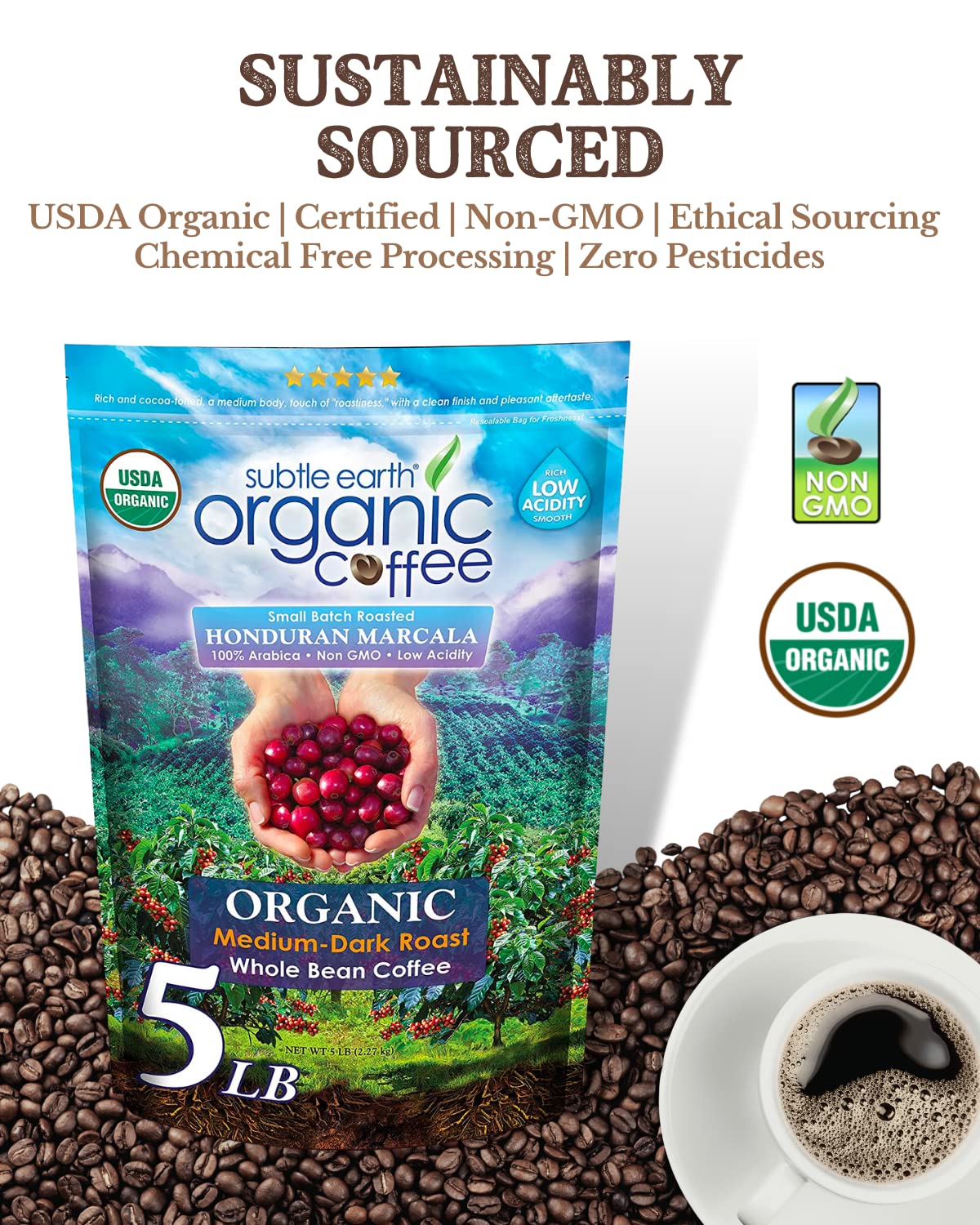 5LB Subtle Earth Organic Coffee - Medium Dark Roast - Whole Bean Coffee - 100% Arabica Beans - Low Acidity and Non-GMO - 5lb bag