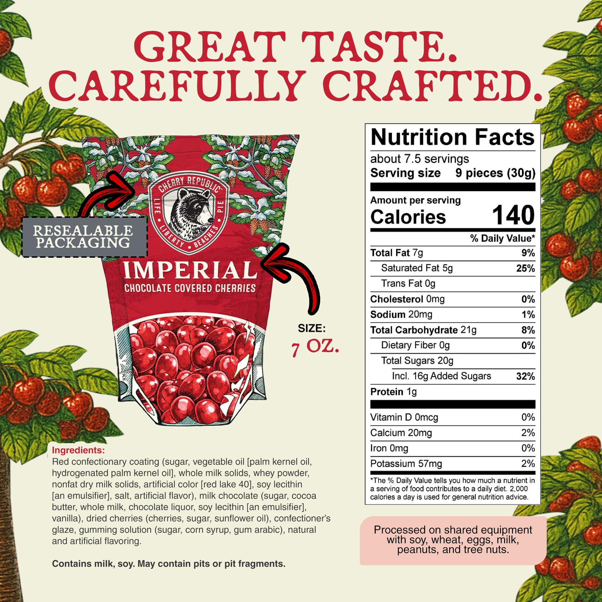 Cherry Republic Imperial Milk Chocolate Covered Cherries, 7 oz - Real Dried Michigan Chocolate Cherries Topped off with Red Cherry Confection