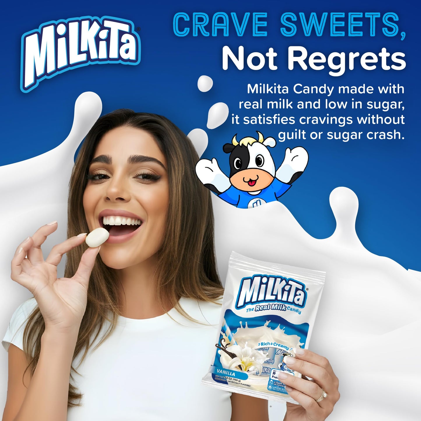 Milkita Creamy Vanilla Milk Candy - Low-Sugar Healthy Sweets with Real Milk for Kids & Adults - Fat Free & Gluten Free Candy with Calcium for Everyday