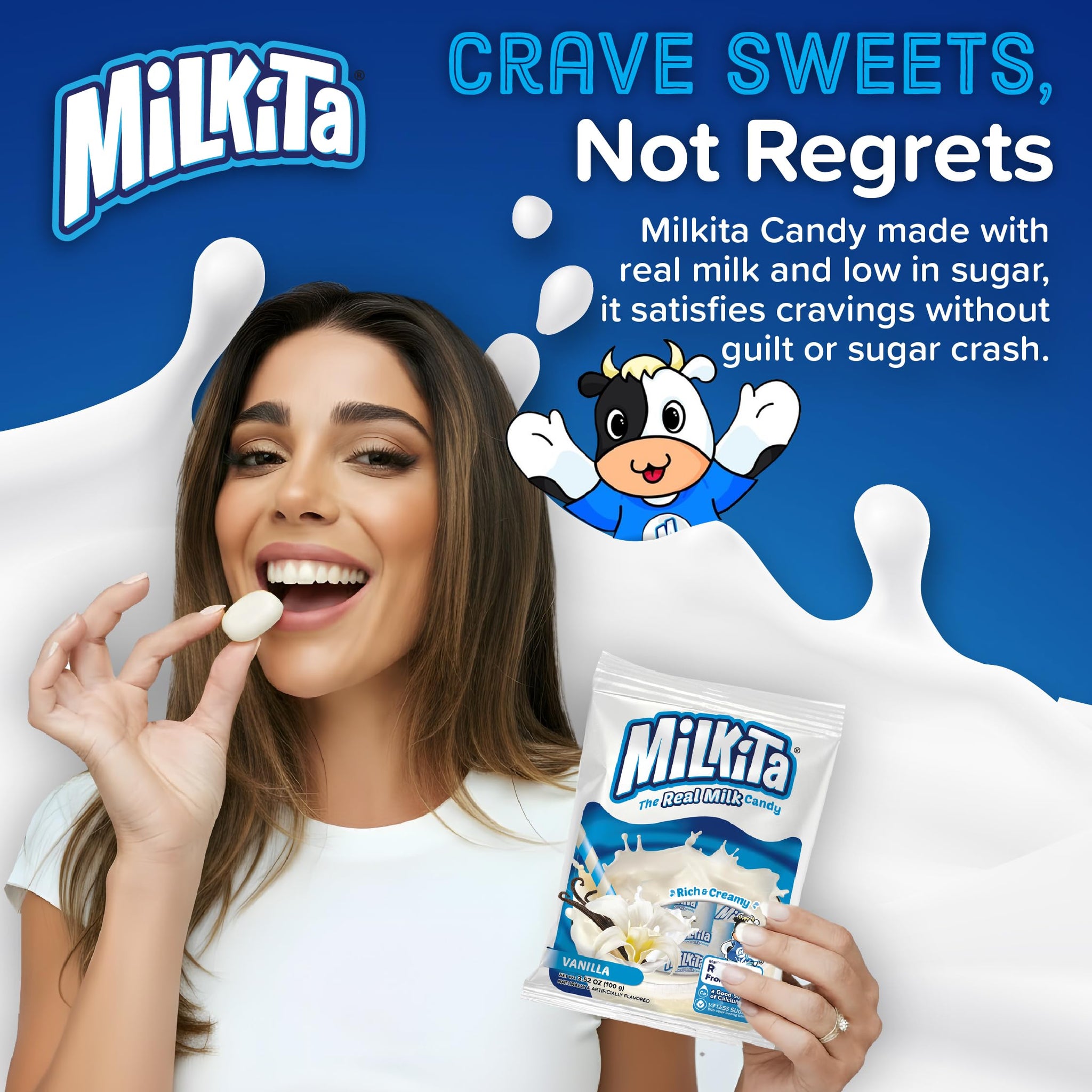 Milkita Creamy Vanilla Milk Candy - Low-Sugar Healthy Sweets with Real Milk for Kids & Adults - Fat Free & Gluten Free Candy with Calcium for Everyday