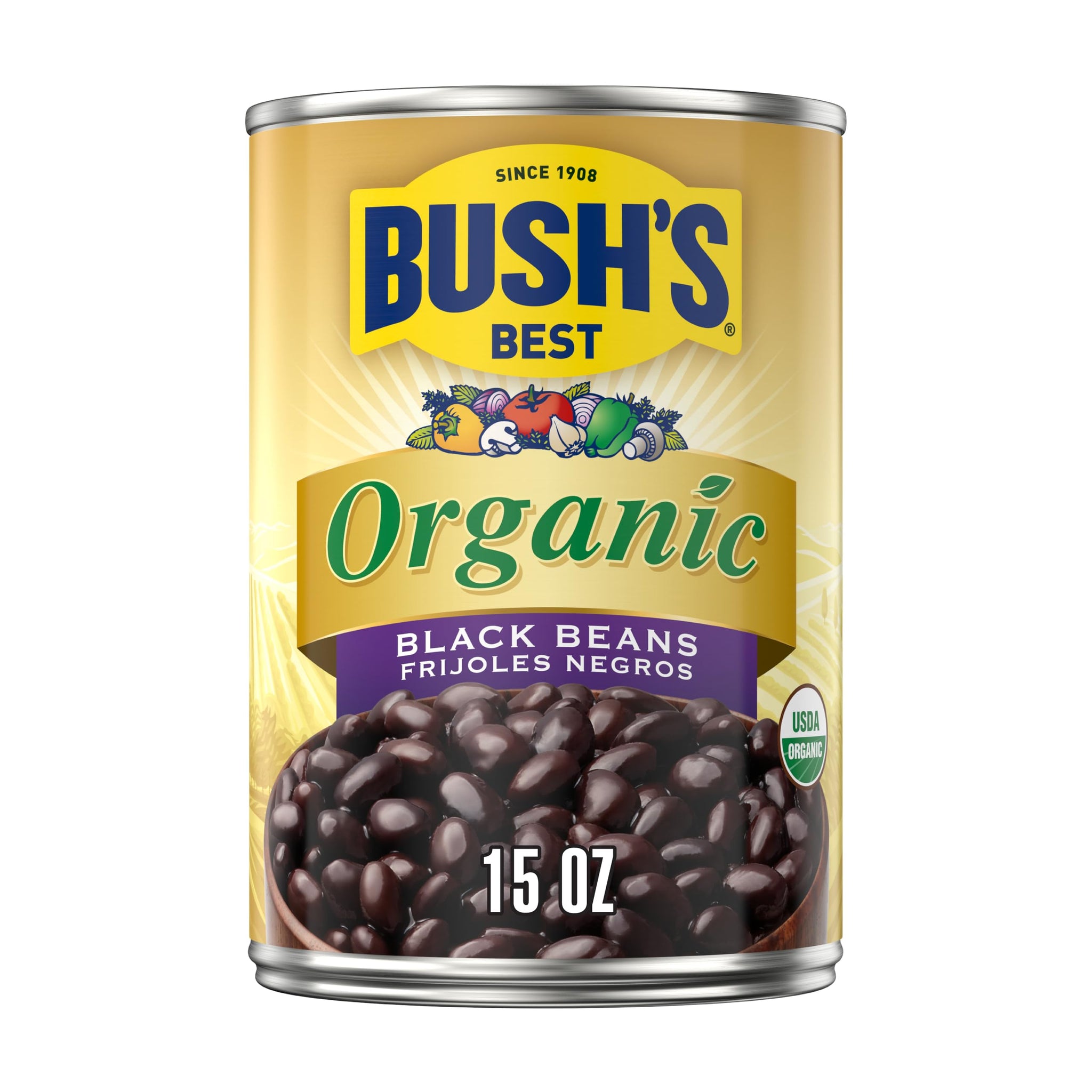 Bush's Canned Organic Black Beans (Pack of 1), Good Source of Plant-Based Protein, Good Source of Fiber, Fat Free, Gluten Free, Low Sodium, 15 oz
