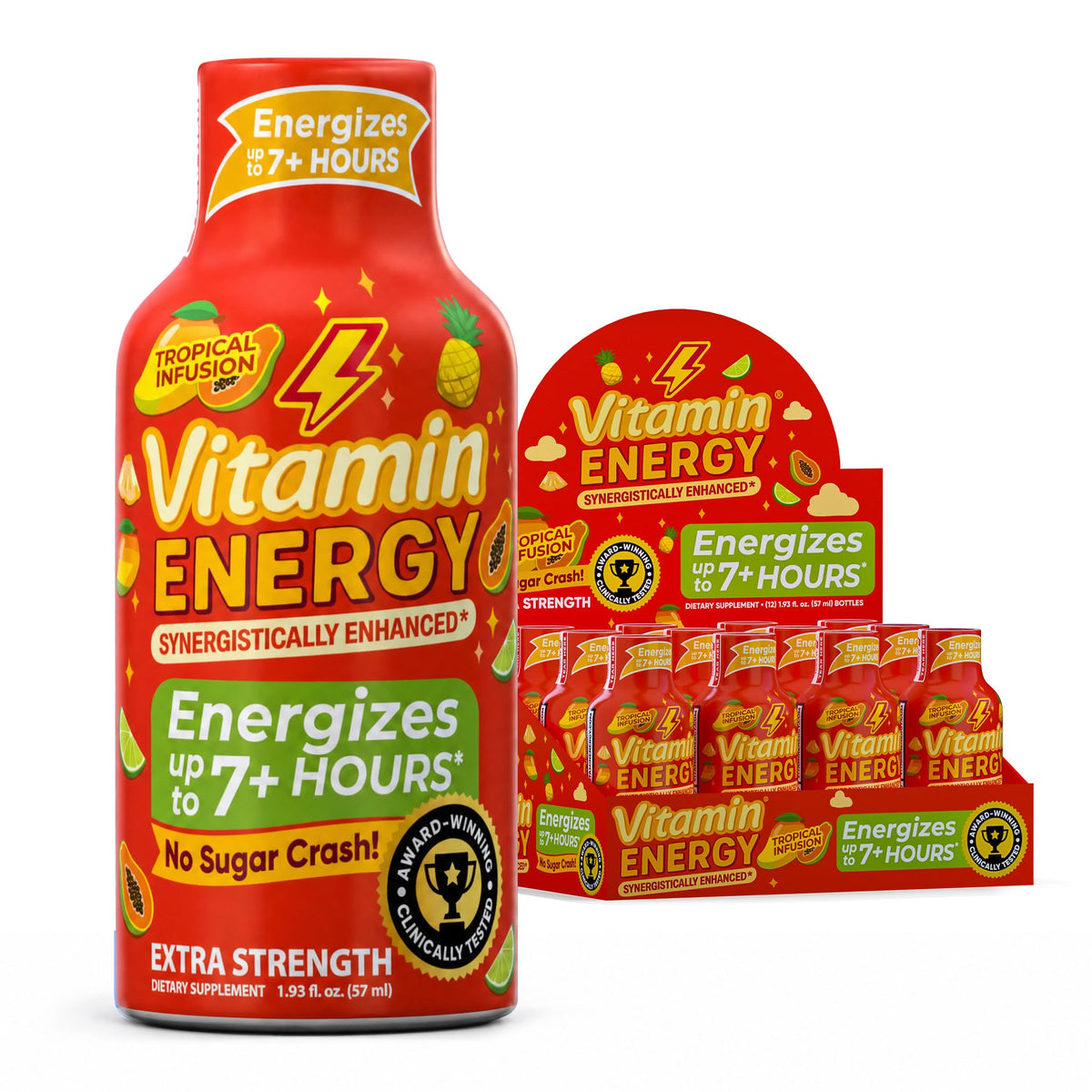Vitamin Energy Tropical Infusion Extra Strength Energy Shot, 12 Pack - Up to 7 Hrs, 260mg Natural Caffeine, Zero Sugar - BCAAs + CoQ10, Focus Support