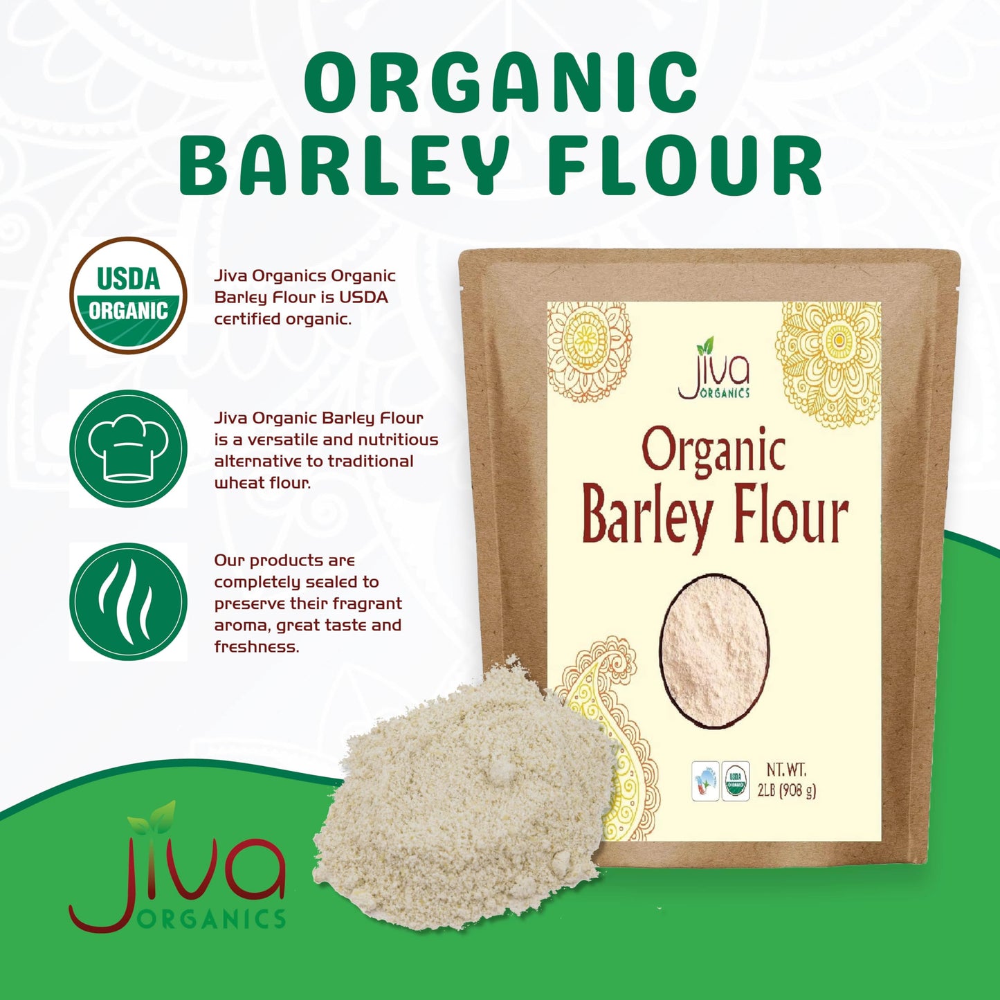 Jiva Organic Barley Flour 2 Pound - All Natural & Raw - Product of India