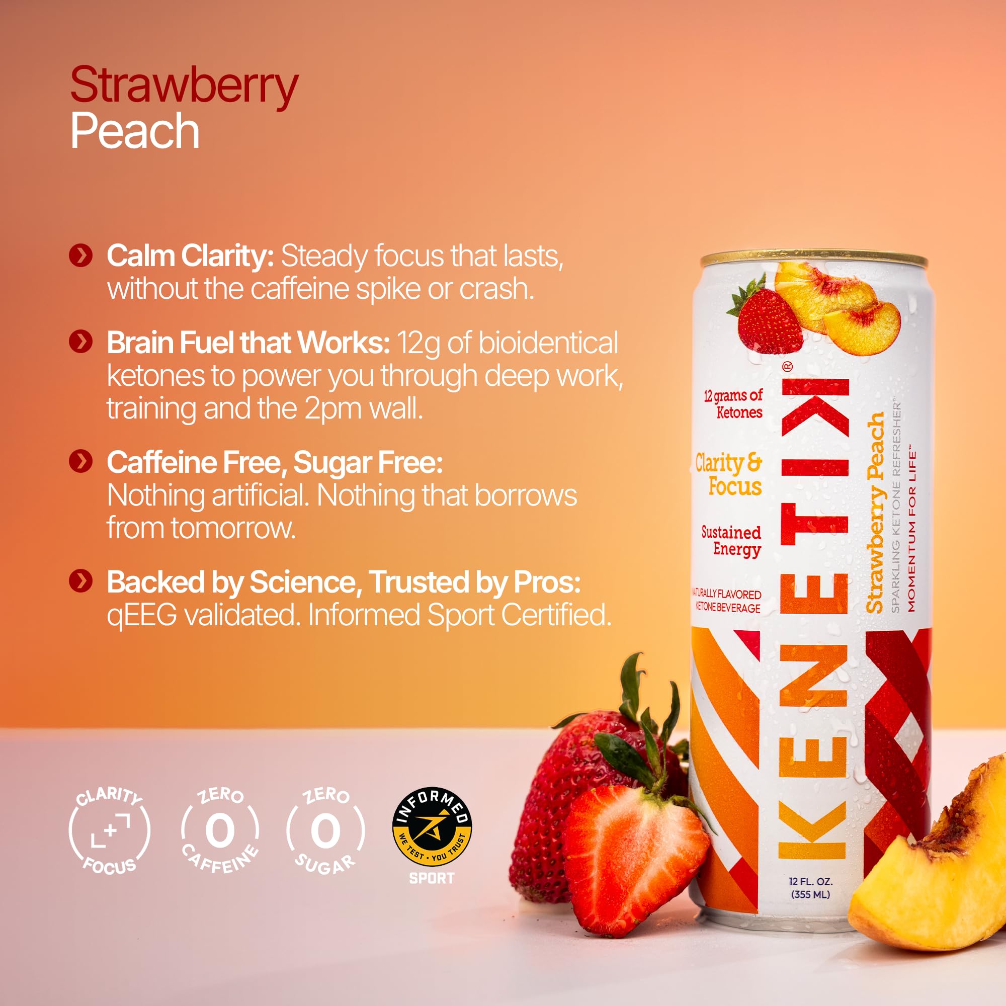 KENETIK Caffeine-Free Focus Drink - Brain Fuel for Mental Clarity and Cognitive Endurance, Sugar-Free, Bioidentical Ketones (D-BHB), 12oz - 12 Pack