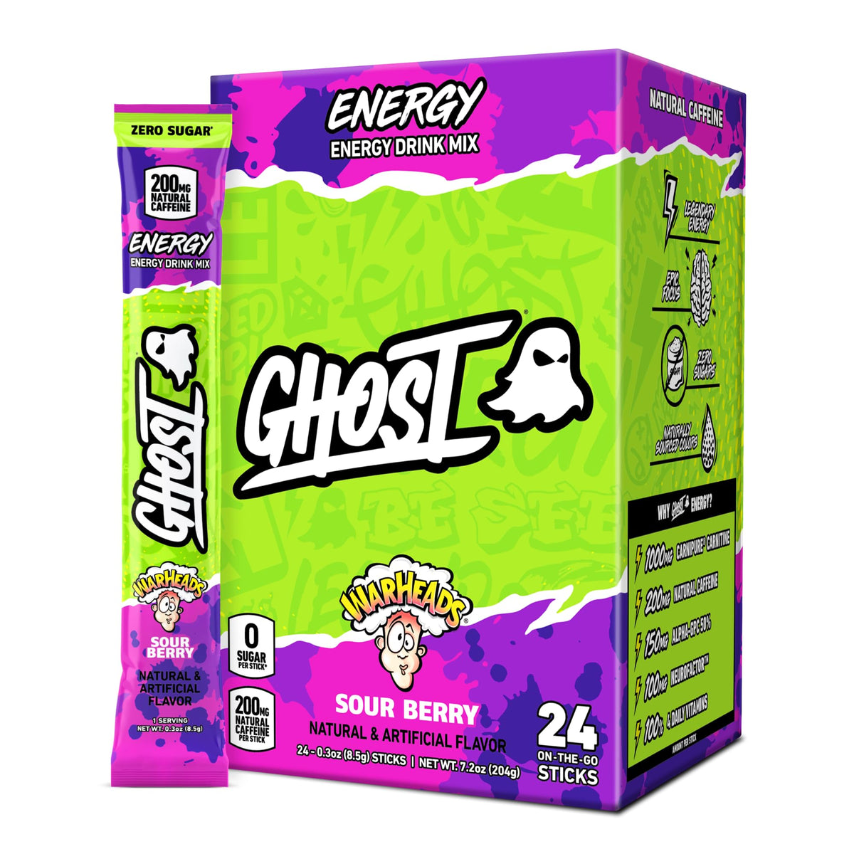 GHOST Sugar-Free Energy Drink Packets, Warheads Sour Berry, 24 To Go Sticks
