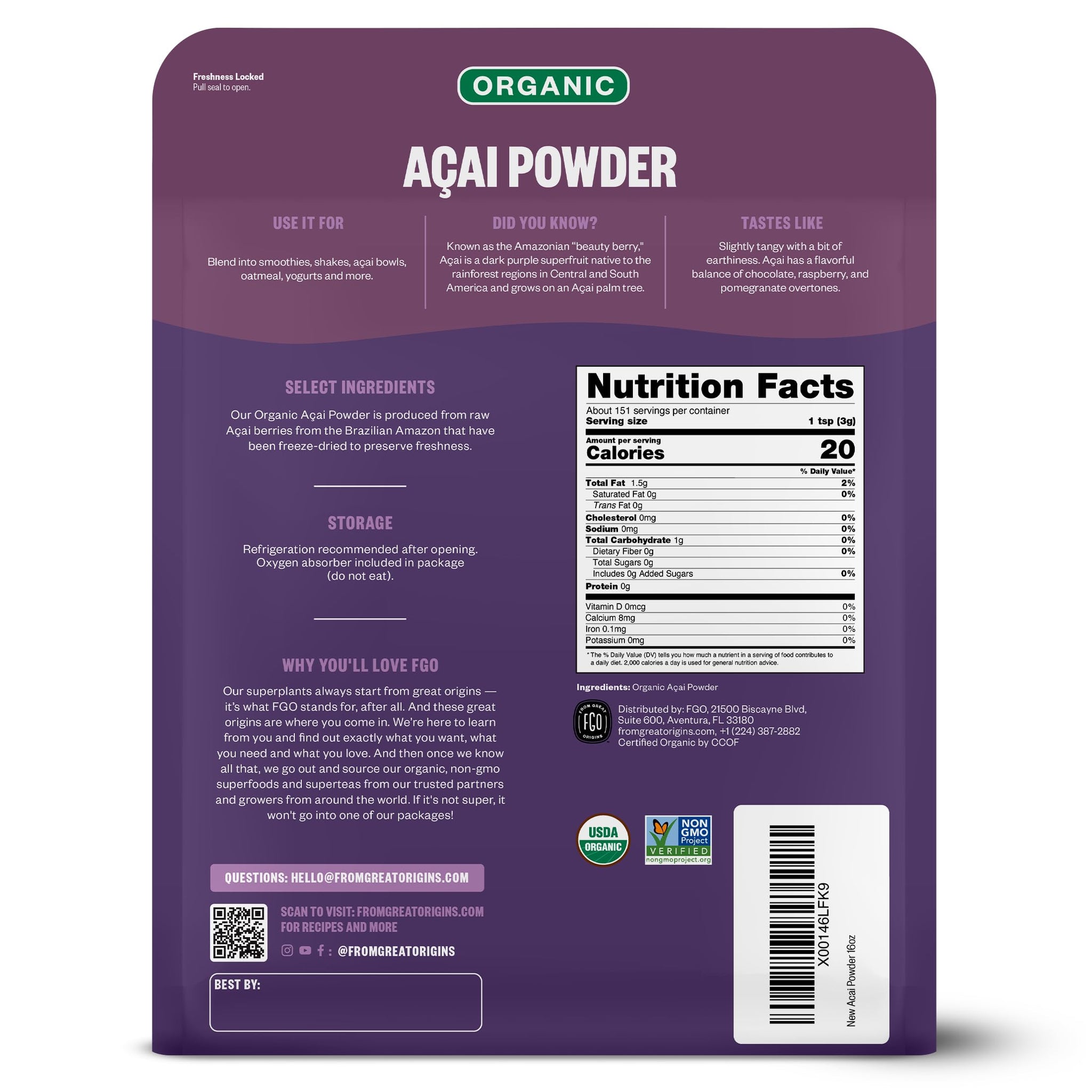 FGO Organic Acai Powder, 1 Pound / 16oz Bulk Resealable Pouch, Freeze Dried Superfood Berry from Brazil, No Sugar & Additives,Great for Drinks