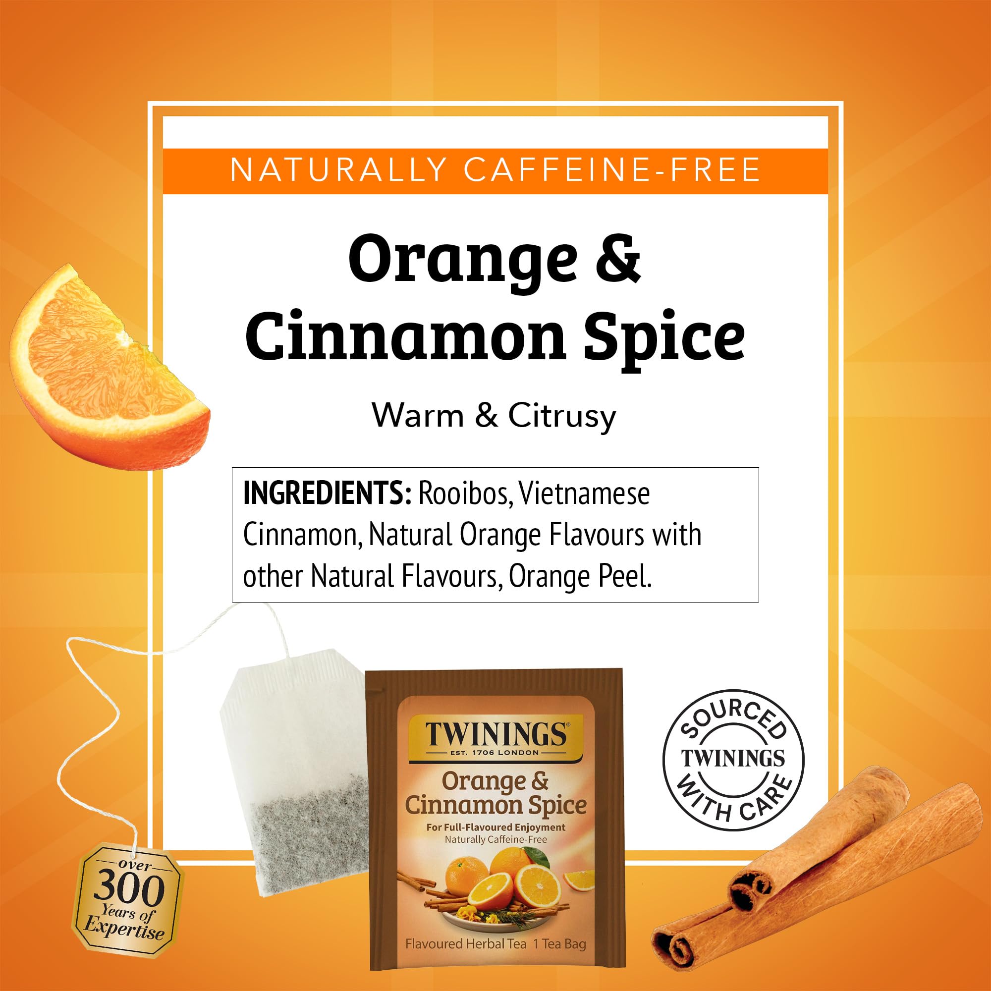 Twinings Orange & Cinnamon Spice Herbal Tea Individually Wrapped Bags, 20 Count (Pack of 4), Naturally Caffeine-Free, Enjoy Hot or Iced, 80 Teabags