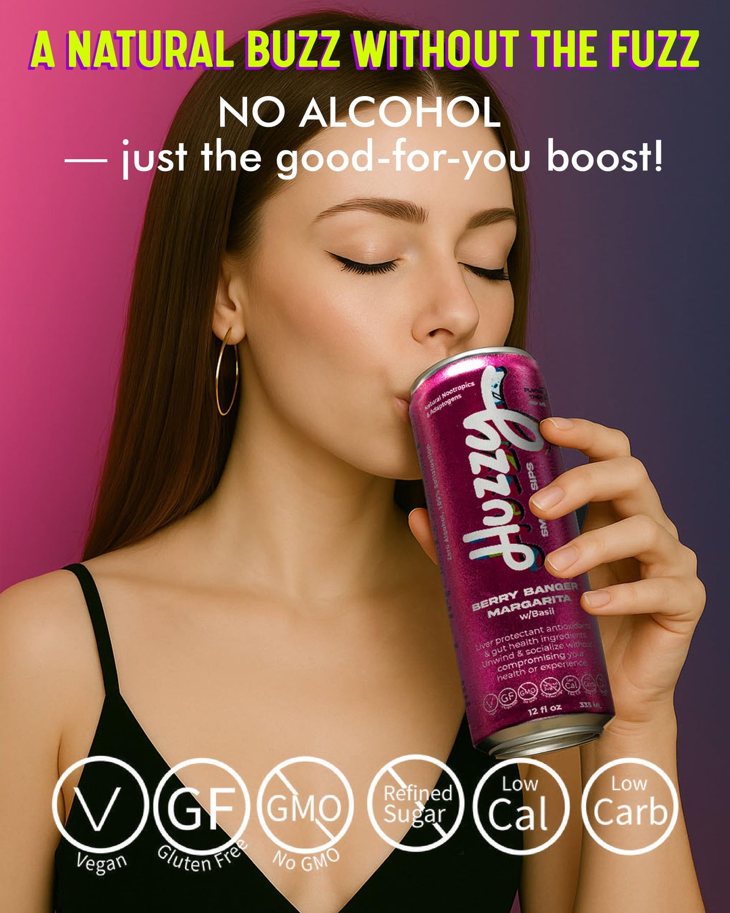 Huzzy Smart Sips Non Alcoholic Drinks - Berry Banger Margarita Inspired Beverage, Alcohol Free Functional Cocktails - Low Calorie, Low Carb, No