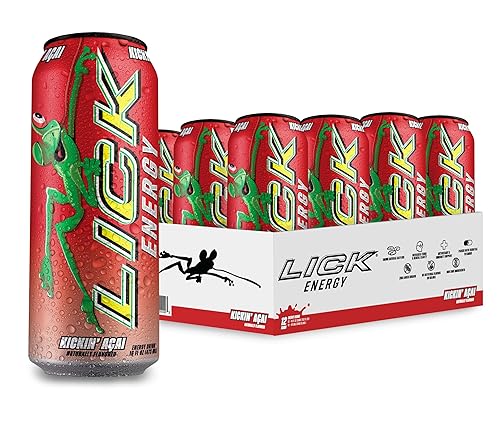 LICK Energy Drink - Kickin' Acai, Zero Sugar, No Crash, Green Tea Caffeine (180mg), with Antioxidants and Vitamins A, B6, B12, and C 16oz (12pk)