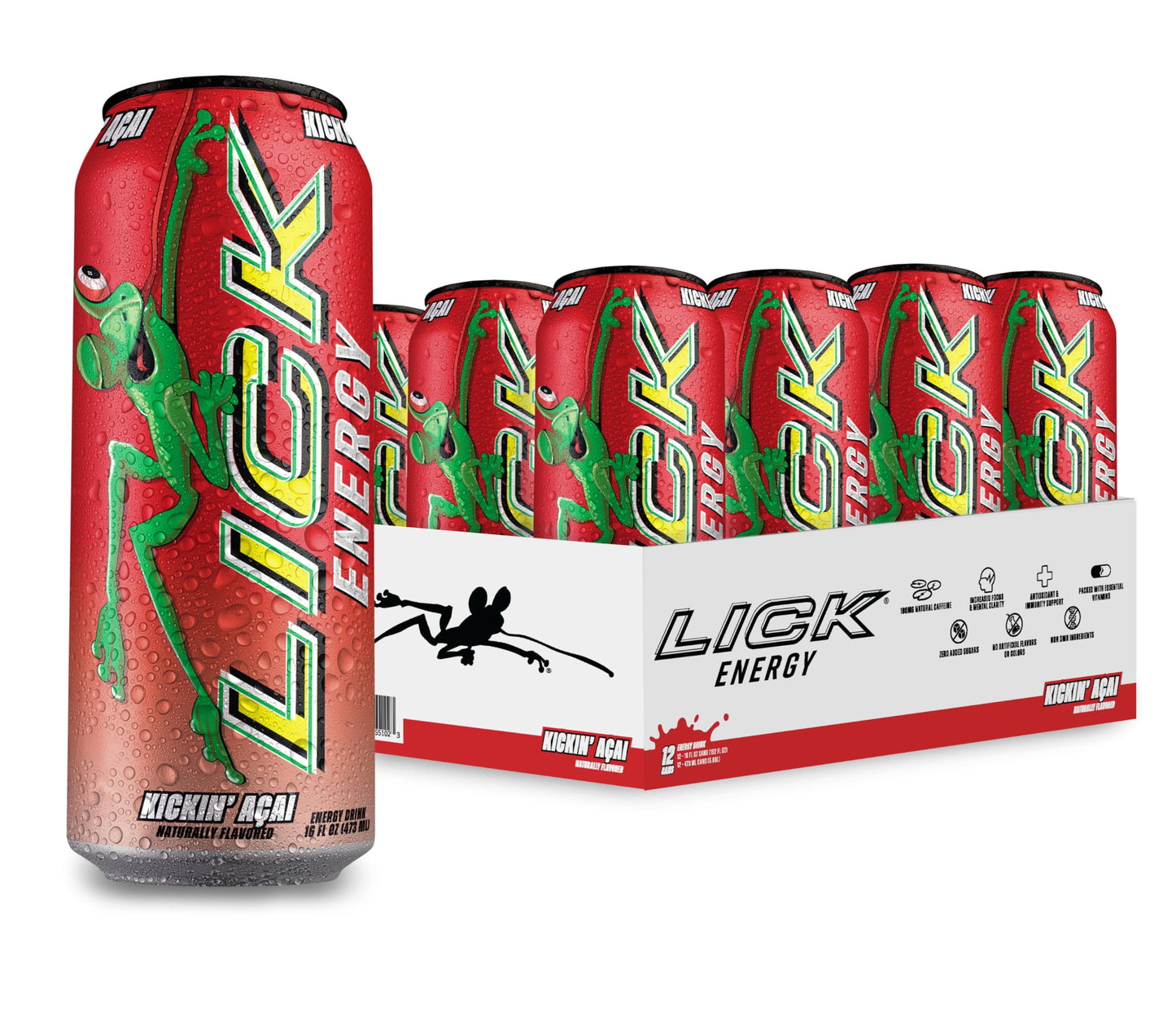 LICK Energy Drink - Kickin' Acai, Zero Sugar, No Crash, Green Tea Caffeine (180mg), with Antioxidants and Vitamins A, B6, B12, and C 16oz (12pk)