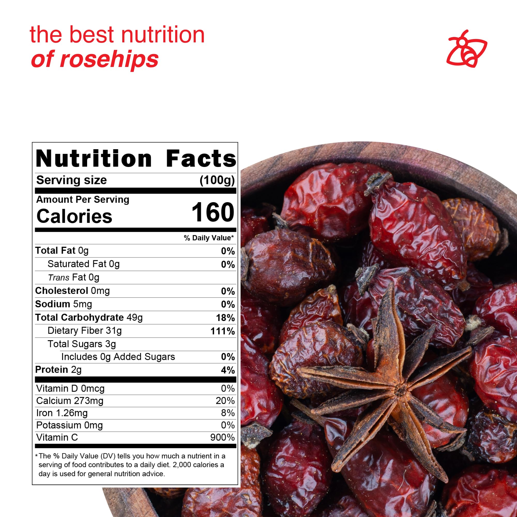 Arashan Whole Dried Rosehips 1 lb - 100% Natural Raw Rose Hips for Herbal Tea, Jam & Syrup - No Additives
