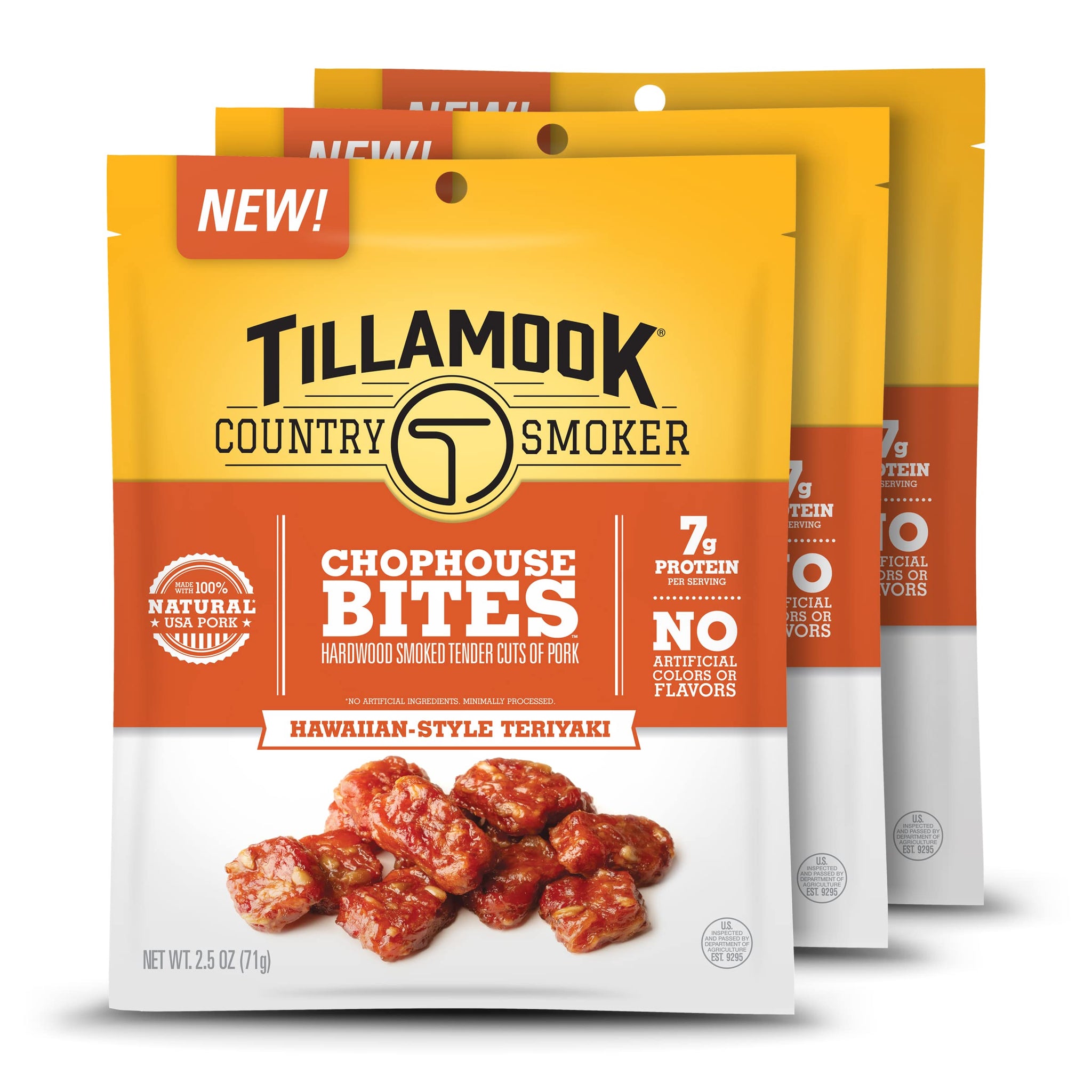 Tillamook Country Smoker Chophouse Bites, Pork Snacks, Hawaiian-Style Teriyaki Tender Cuts, Ready to Eat Gluten Free Protein Snack, 2.2 Ounce 3 pack