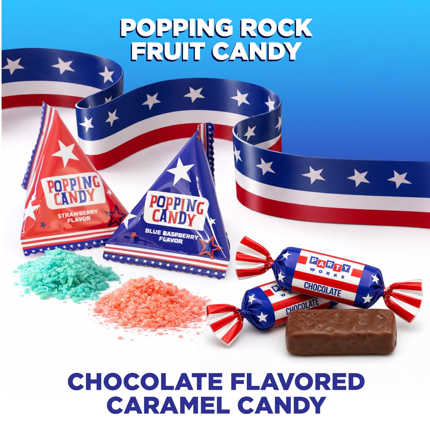 Patriotic Candy Assortment - 3 Pound Bulk Pack - 4th of July Candy - Chocolate Caramels, Lollipops, Popping Rocks Pouches - Red White and Blue Treats