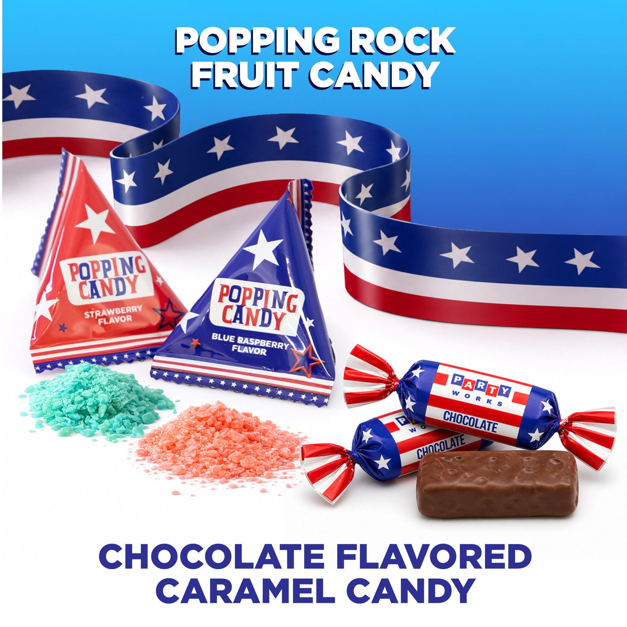 Patriotic Candy Assortment - 3 Pound Bulk Pack - 4th of July Candy - Chocolate Caramels, Lollipops, Popping Rocks Pouches - Red White and Blue Treats