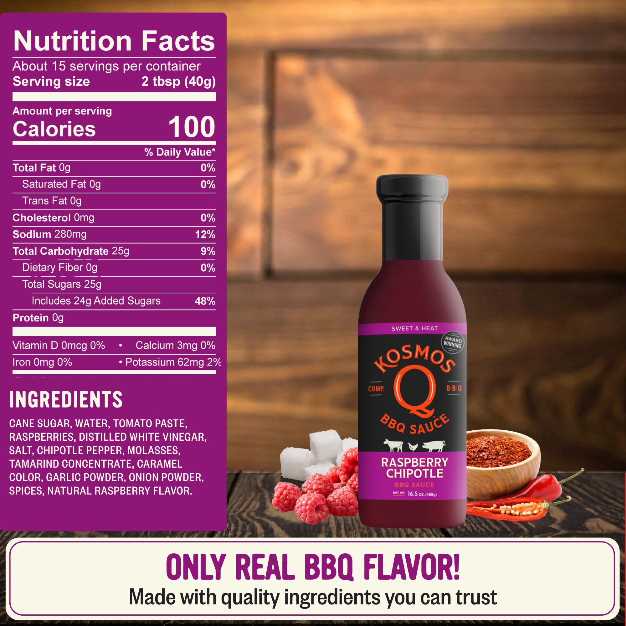 Kosmos Q Raspberry Chipotle BBQ Sauce, Sweet & Spicy BBQ Sauce with Real Raspberries & Chipotle Peppers, Bold Barbecue Sauce for Pork, Chicken