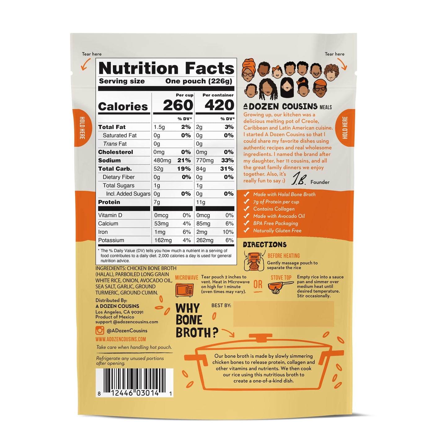 A Dozen Cousins Rice Cooked in Bone Broth Microwaveable Rice Packets | 7g Protein | Contains Collagen (Spanish Yellow Rice, 8 Pack)