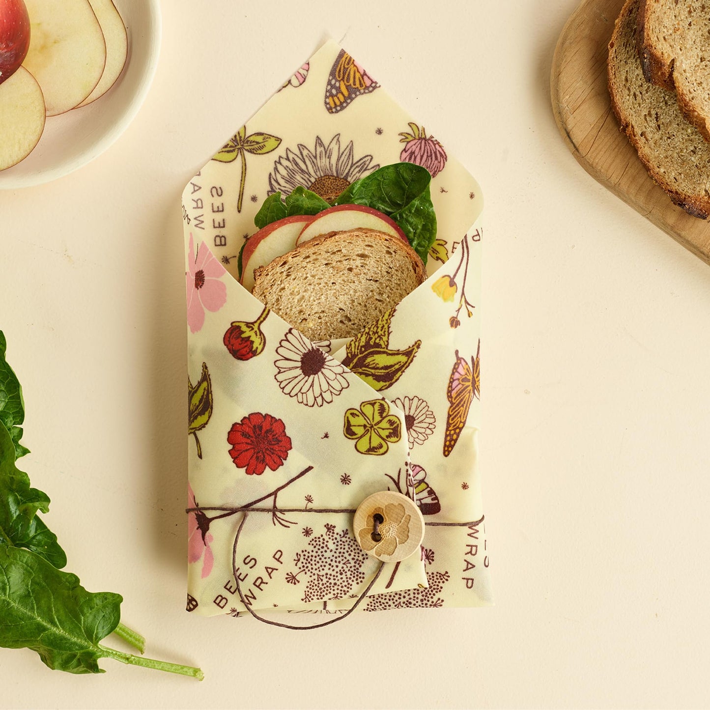 Bee's Wrap Vegan Beeswax Sandwich Wrap - Beeswax Lunch Wrap with Button & Tie - Plastic Free Made in USA Reusable Natural Food Wrap - Meadow Magic