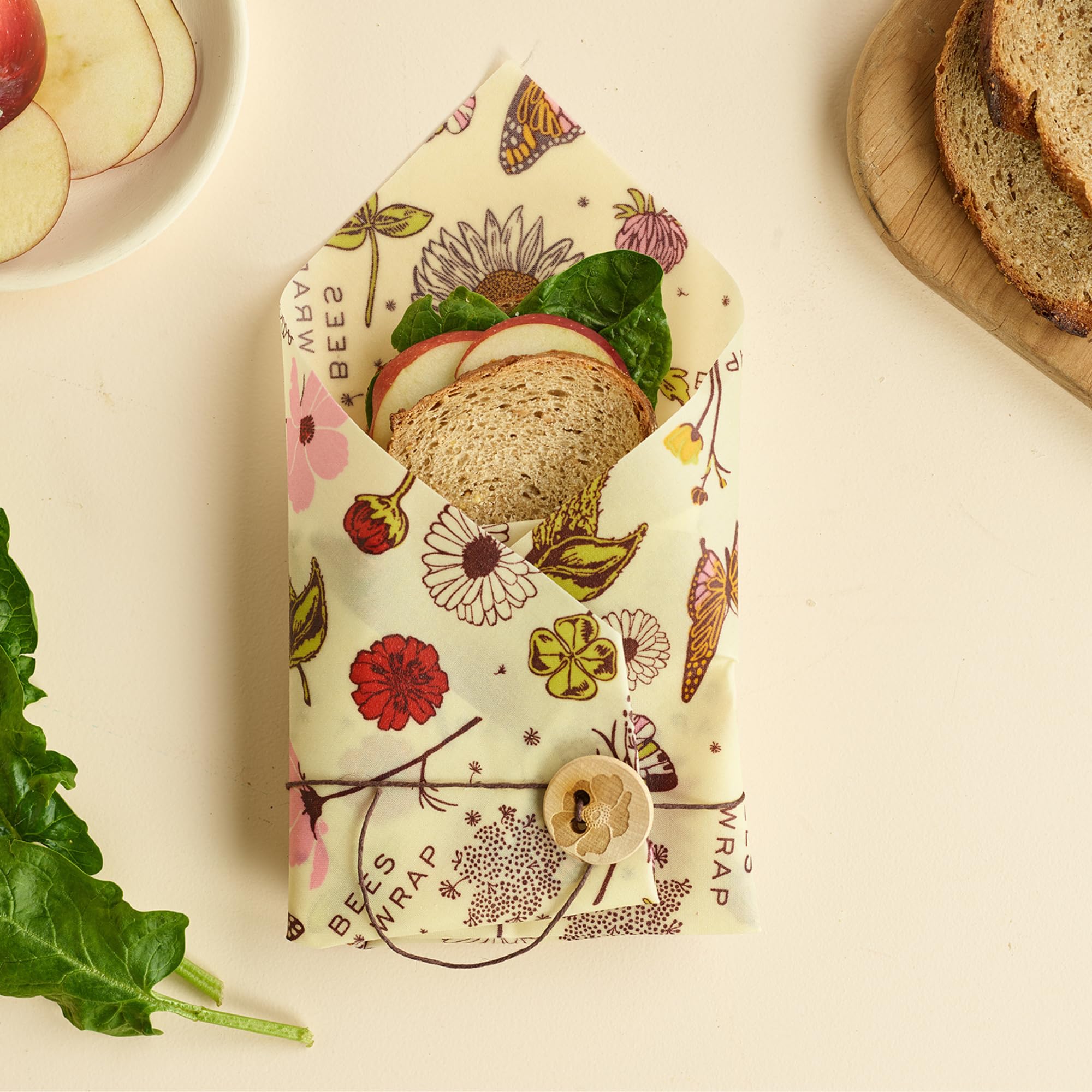 Bee's Wrap Vegan Beeswax Sandwich Wrap - Beeswax Lunch Wrap with Button & Tie - Plastic Free Made in USA Reusable Natural Food Wrap - Meadow Magic