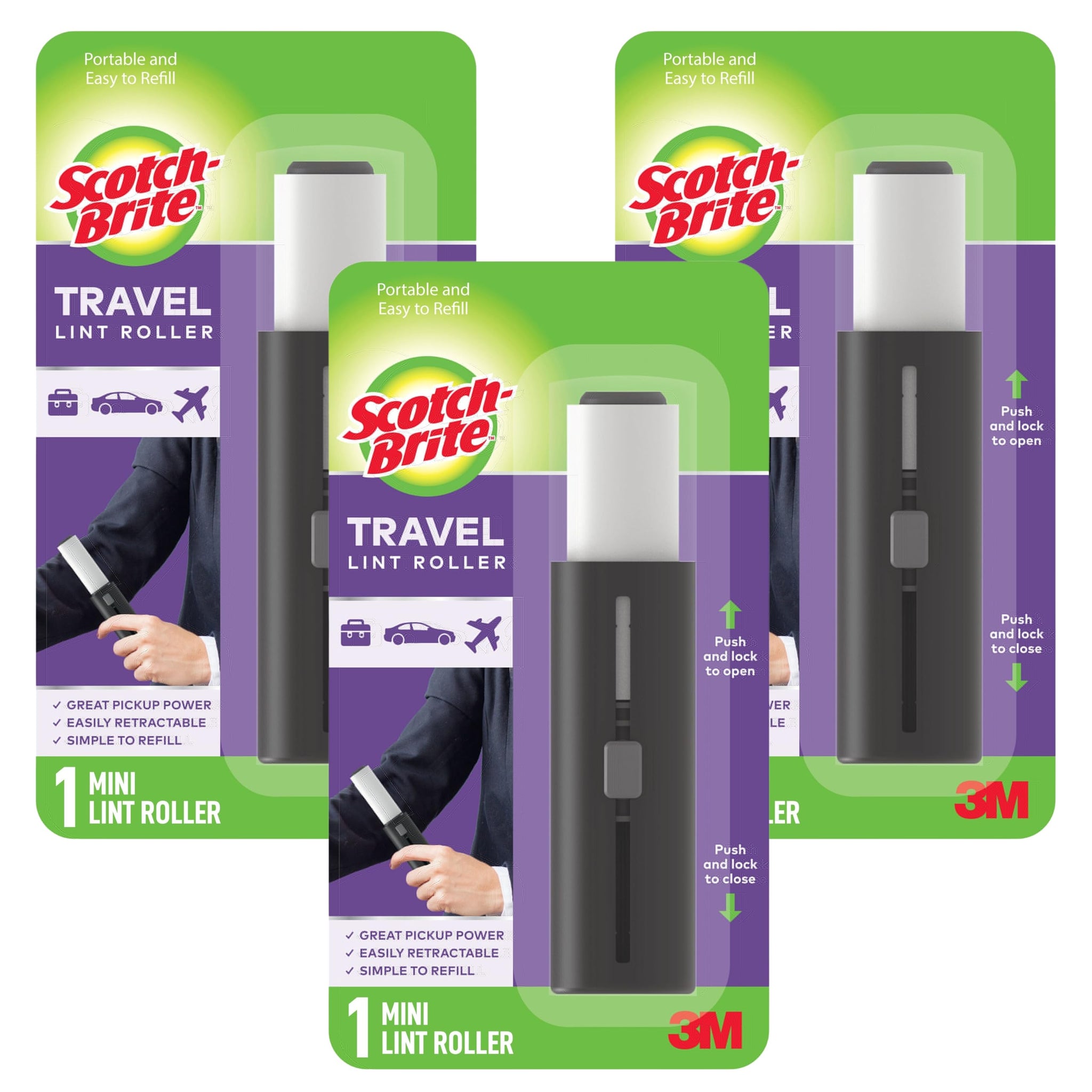 Scotch-Brite Retractable Lint Rollers 3-Pack, Portable Travel-Size Lint Removers for Pet Hair on Clothes, Furniture & Car, 3 in x 8.5 in Mini Rollers
