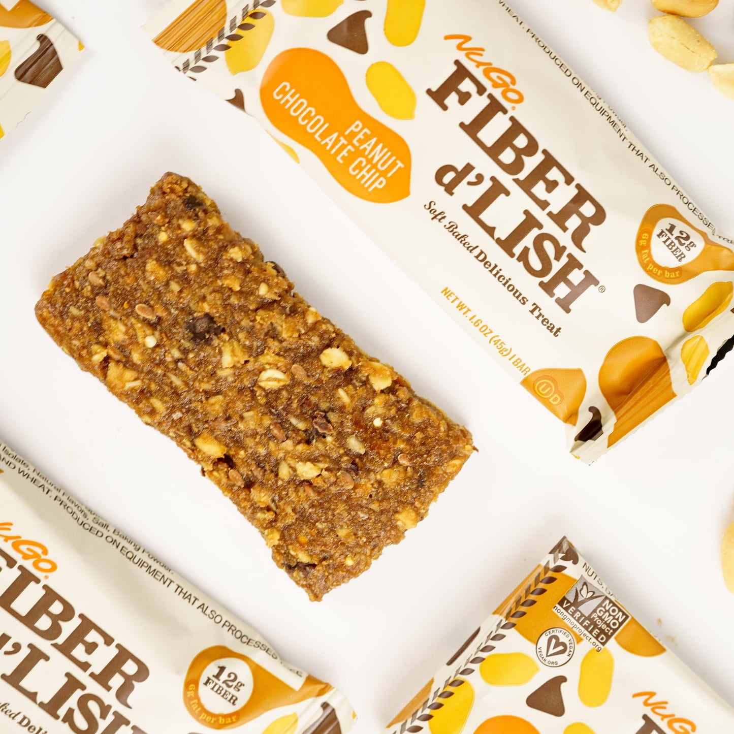 NuGo Fiber d'Lish Peanut Chocolate Chip, 12g High Fiber, Vegan, 160 Calories, 16 Count