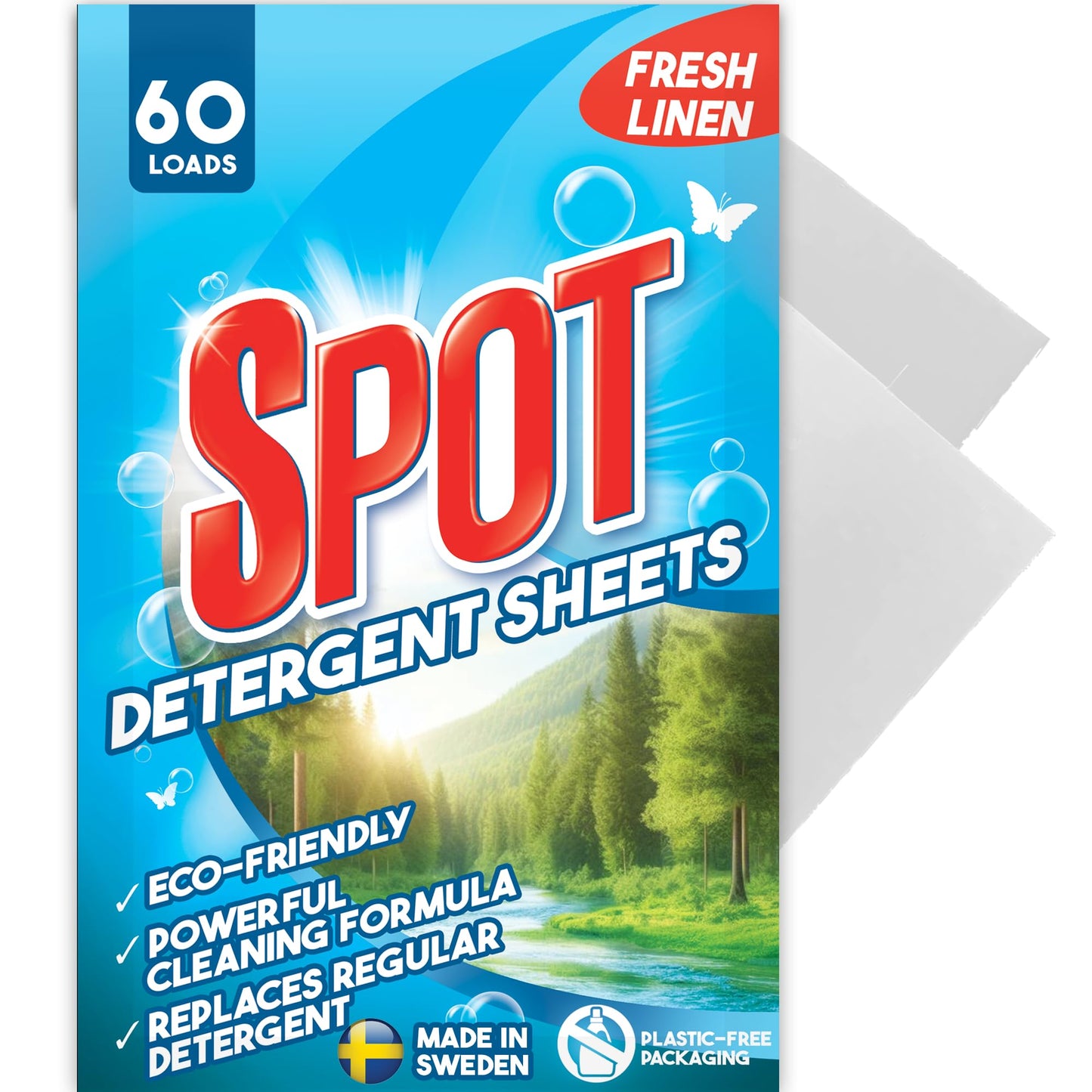 Laundry Detergent Sheets (60 Loads), Fresh Linen Scent, Made in Sweden, Plastic Free Packaging, Eco Friendly, Liquidless & Mess Free, No Spills, TSA