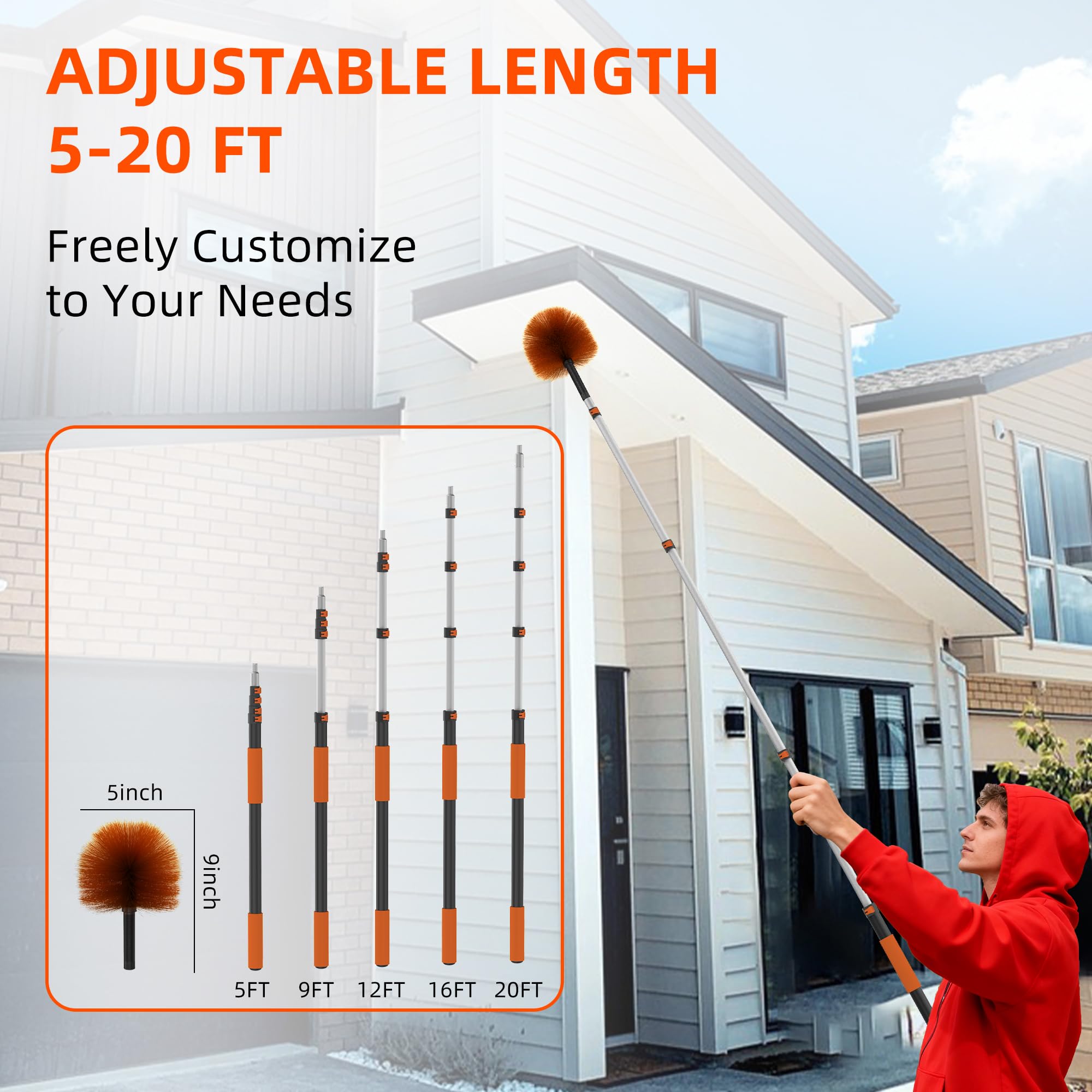 26 FT Cobweb Duster with Extension Pole, Cobweb Duster with 5-20FT Telescoping Extension Pole, Cleans Spider Webs, Washable & Reusable for High