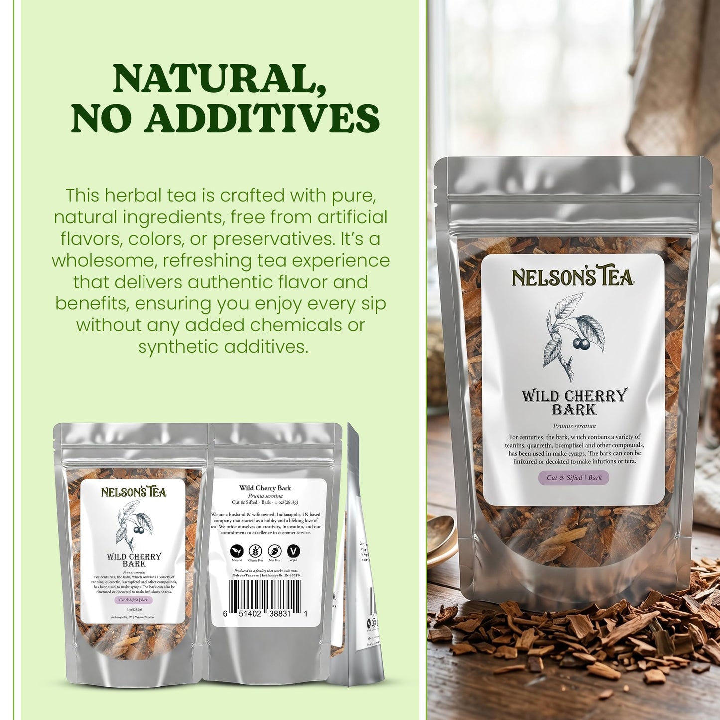 Nelson's Tea - Wild Cherry Bark Cut & Sifted, Cherry Flavor Burdock Root Tea, Plant Based, Vegan, Vegetarian, Caffeine Free, Herbal Tea for Infusions